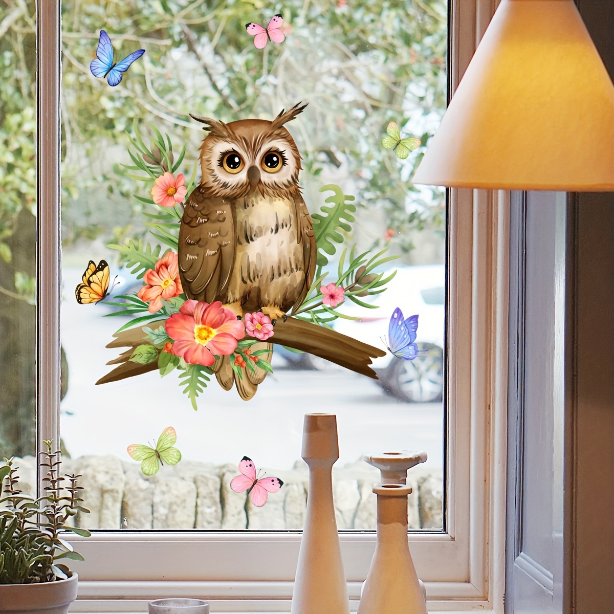 

1pc Owl Butterfly Floral Window Decal Home Decoration Sticker With Static Electricity, Creative Background, Self-adhesive And Removable Pvc Atmosphere Beautification Sticker