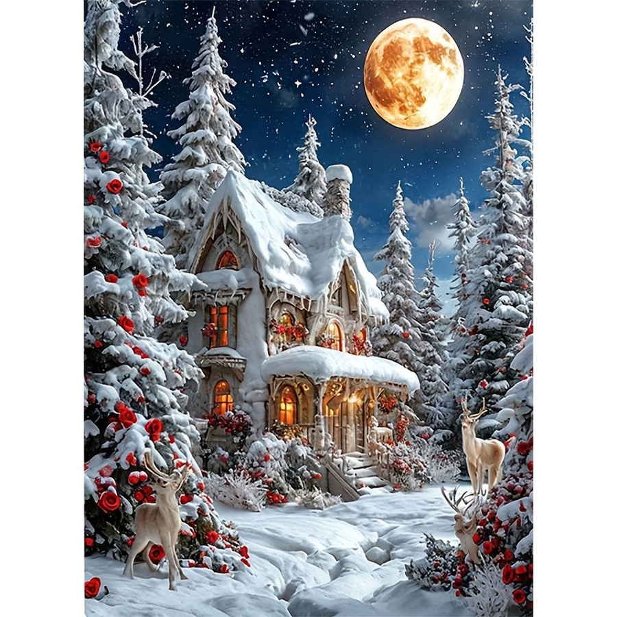 TEMU Kit de peinture diamant ronde 1 set à soi-, scène de neige avec chalet enneigé, ensemble de peinture diamant ronde cadre à couverture complète,