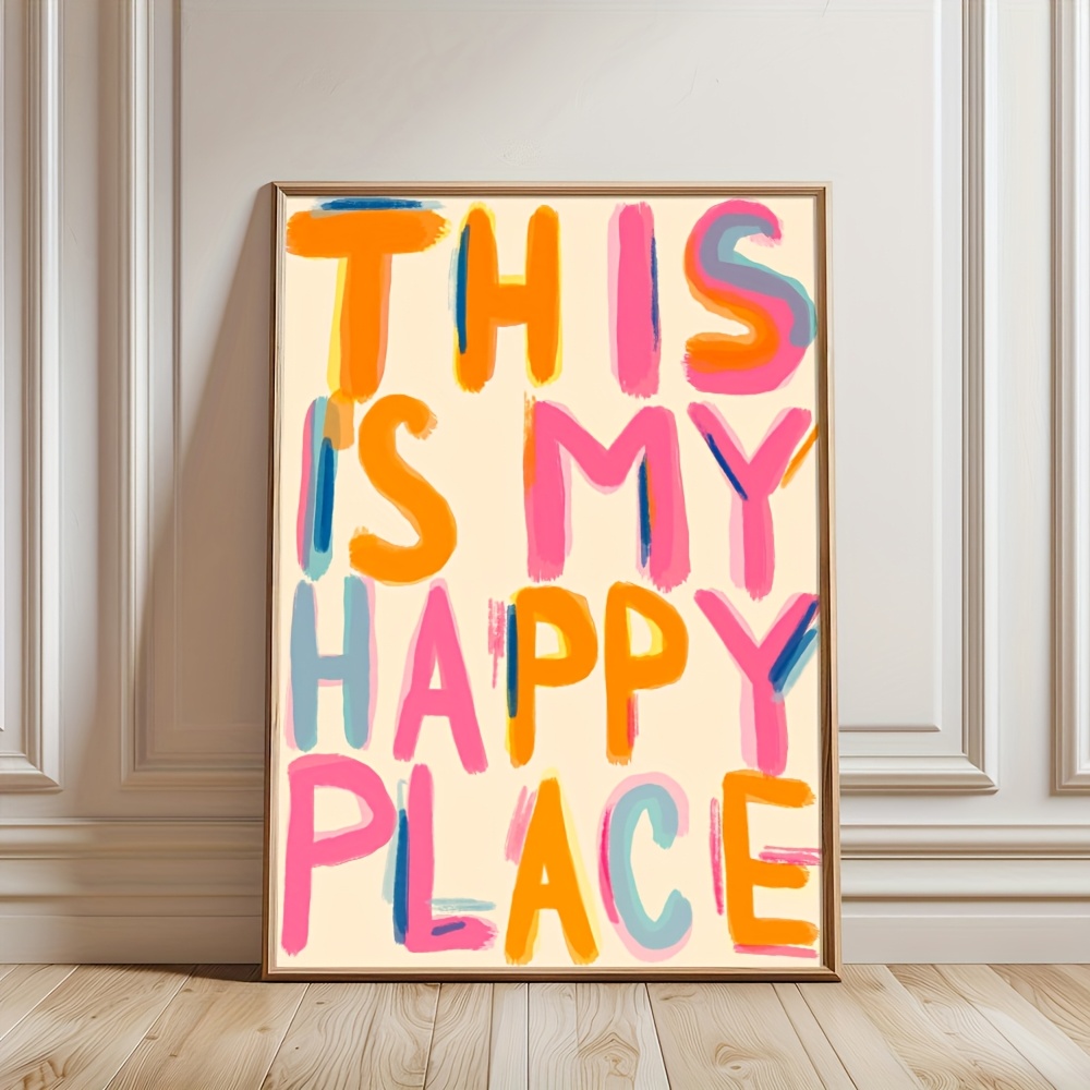 [Colorful Canvas Print] Colorful "This Is My Happy Place" Canvas Print 1pc | Minimalist Positive Quote Wall Art, Modern Home Decor for Dorm, Apartment, Bedroom - Vibrant Pink, Frameless, Portrait Orientation