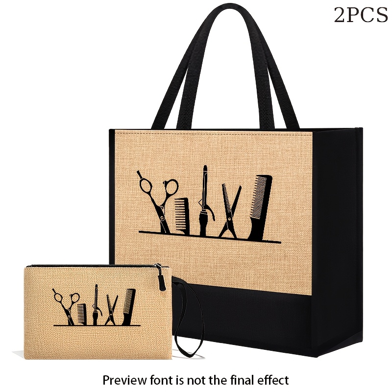 Image of Custom #900 Hairdresser Print 2pcs Tote Bag Set - Lightweight Burlap Shopping And Travel Beach Bag With Makeup Pouch, Khaki, Handbag