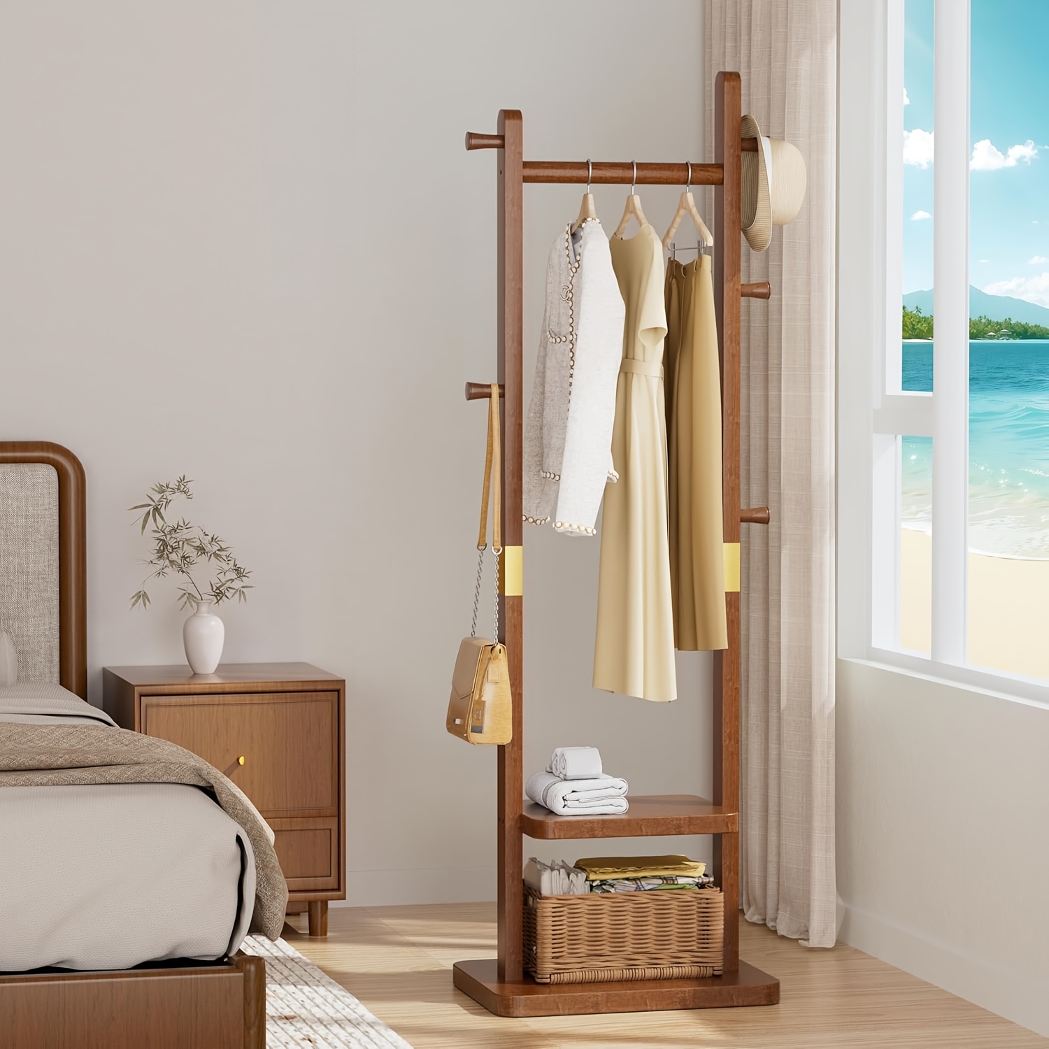 TEMU Heavy-duty Solid Rubberwood Coat Rack Freestanding With Wheels - Wide Base Shoe Storage Suitable For Entryway, Bedroom, Living Room - Portable