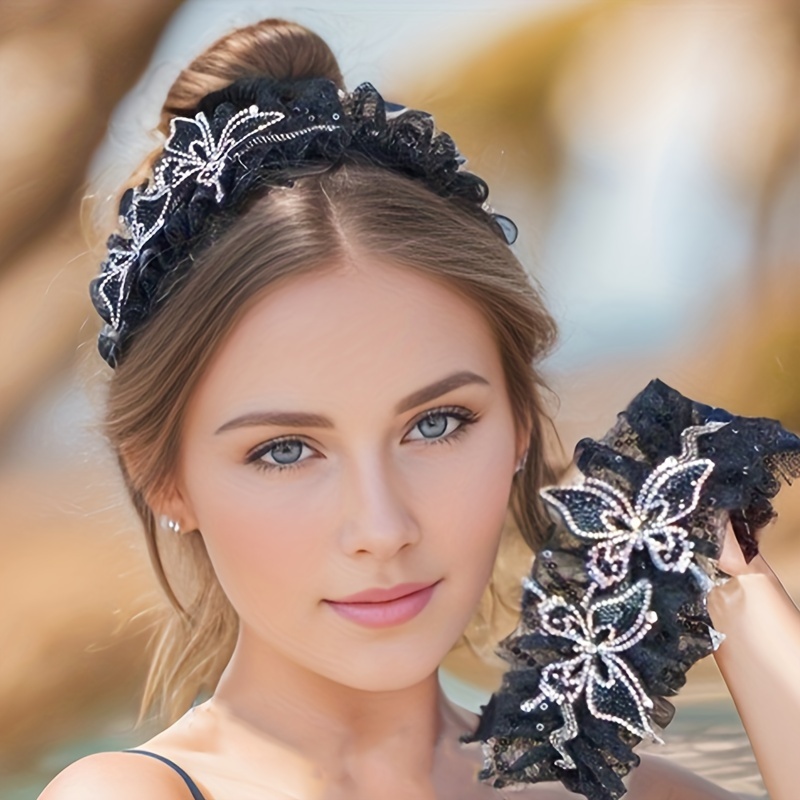 

Elegant Vintage Lace Headband With Rhinestone Butterfly Accents - Single Piece, Solid Color Daily Headwear, Non-slip Teeth, Hair Accessory For Women, Fashionable Summer Collection, Ideal Gift