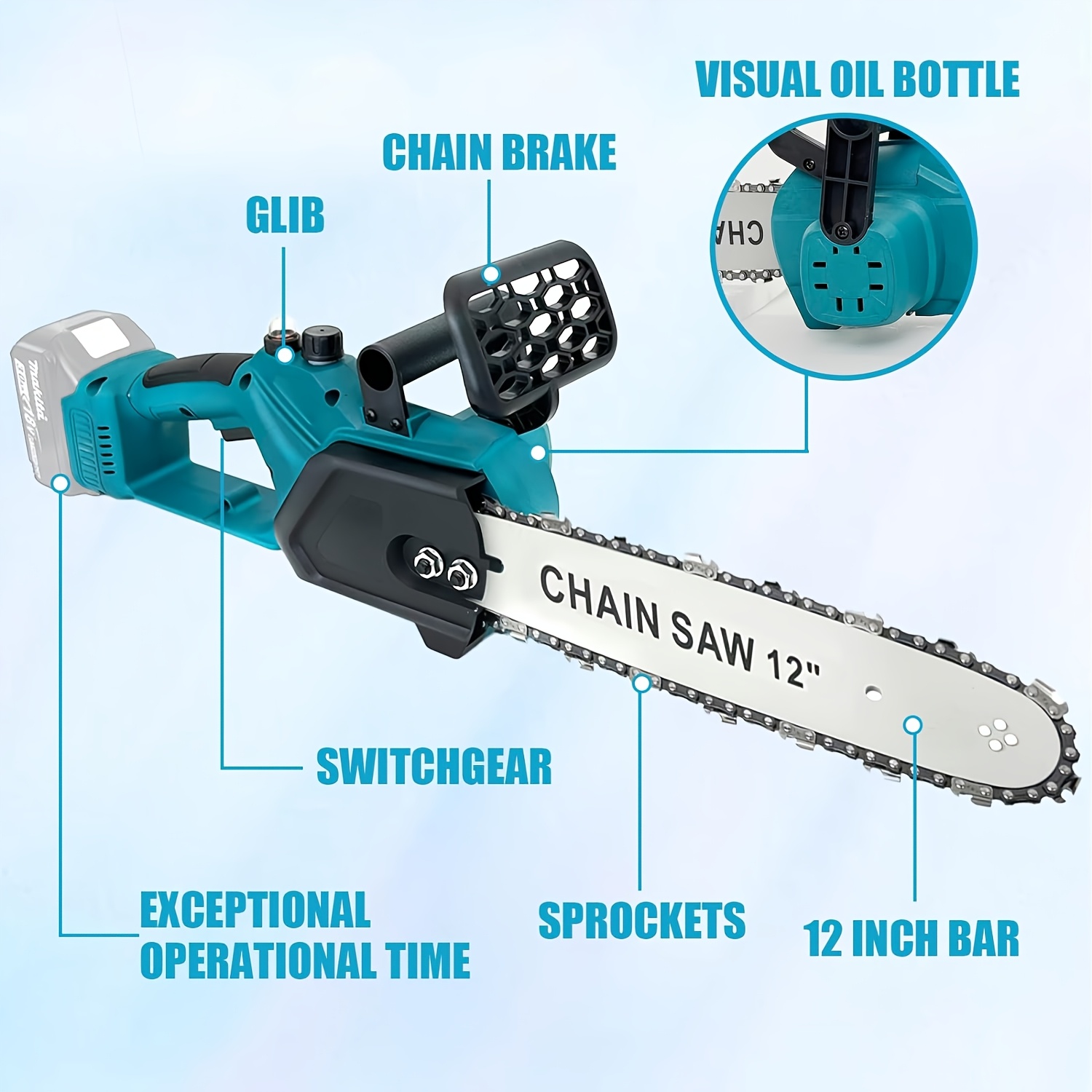 Безчетков верижен трион 18V, съвместим с батерия Makita DUC307ZX2 18V, 30.48 см верижен трион с 2x5000mAh батерии, едноръчен трион за градински ножици, секачи и рязане на дърва (без зарядно устройство)