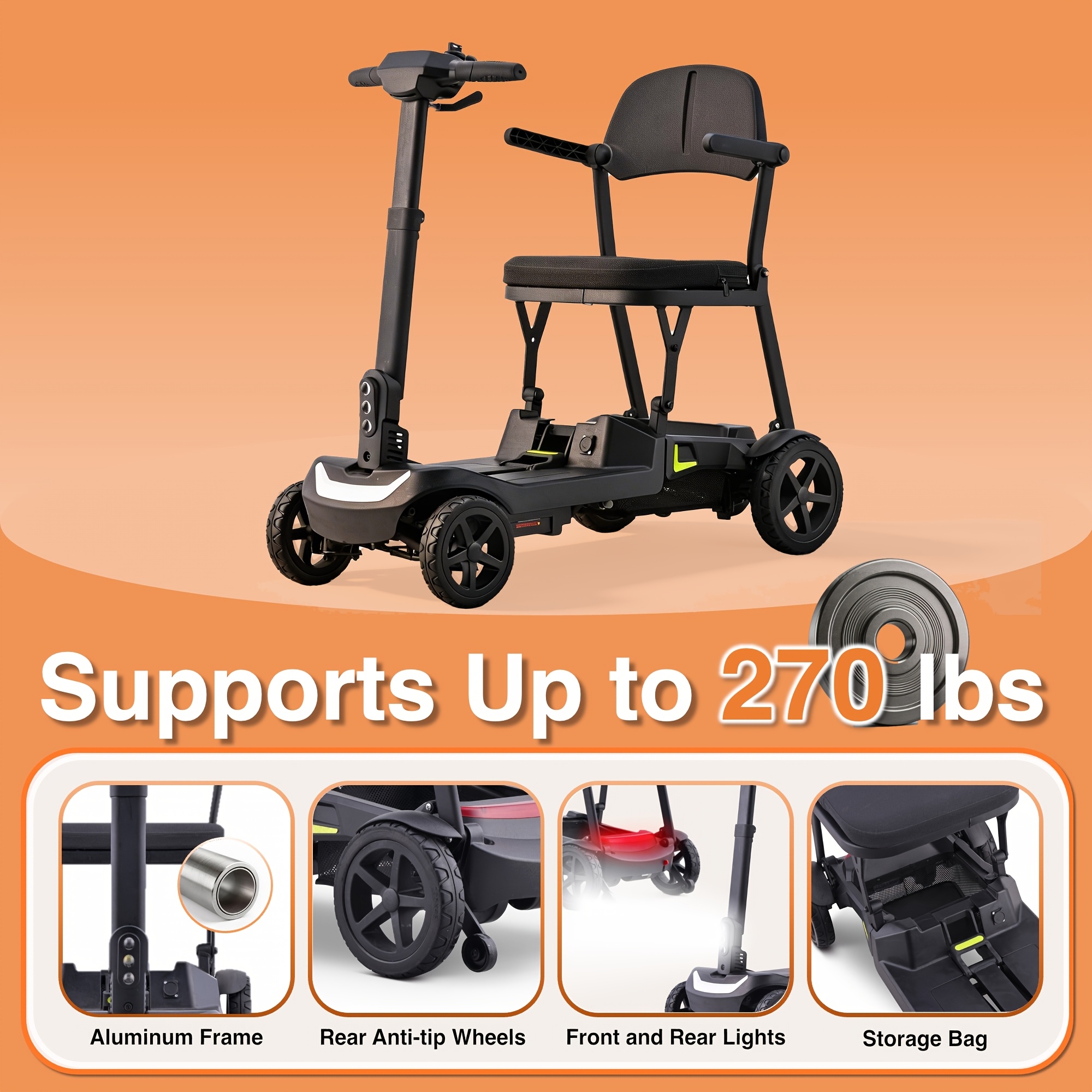 a lightweight foldable four wheeled electric mobility scooter suitable for seniors and adults   with dual removable batteries meeting air travel   offering a long range and a   of 5 mph Product details 6