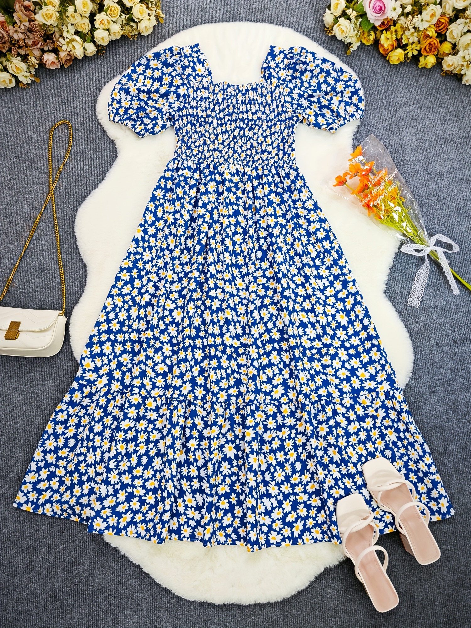 floral neck shirred dress casual puff sleeve a