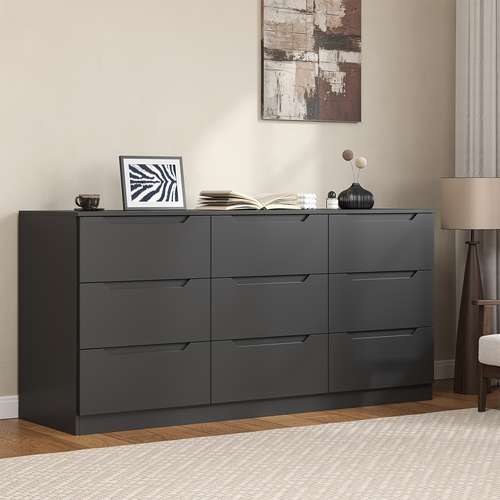 Jojoka 10-Drawer TV Stand / Dresser - Farmhouse Style With Wood Top & Fabric Bins