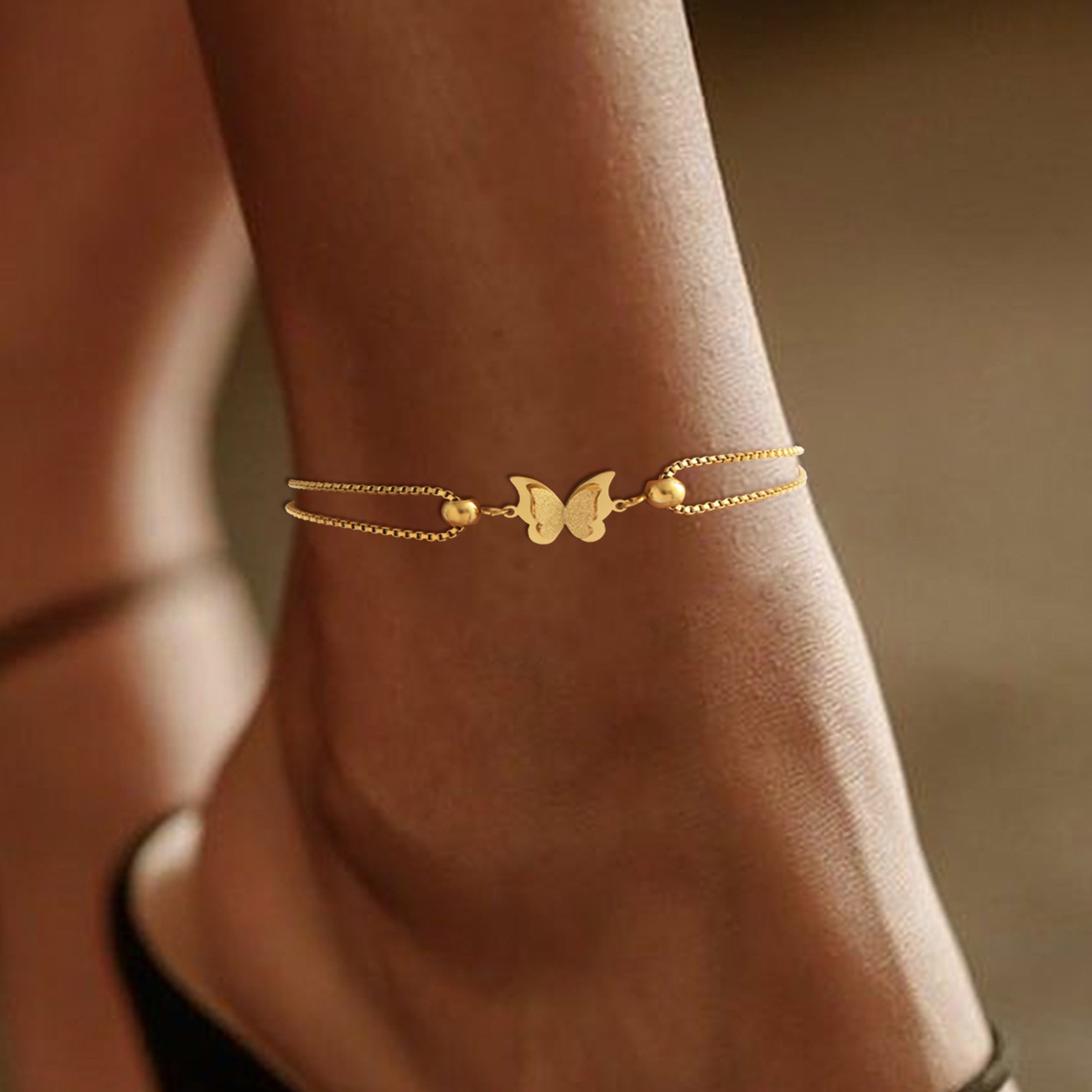 

1pc, Elegant Butterfly Charm Anklet For Women, Simple Stylish Vacation Jewelry, Golden Stainless Steel Beaded Design, Golden And Silvery Tone, Perfect For Daily Wear And Travel Beach Accessory