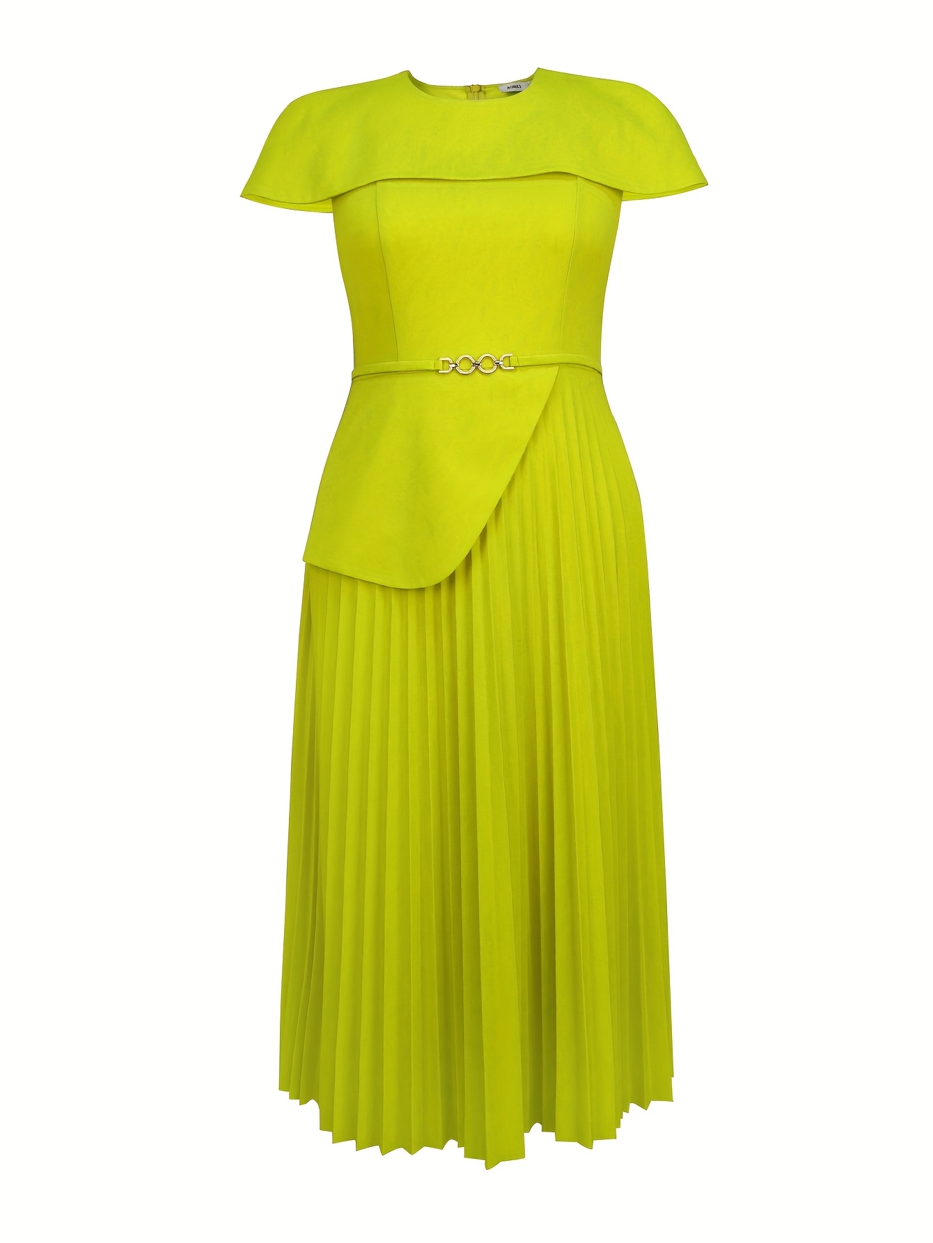 elegant womens long pleated a line dress round neck waist - Temu