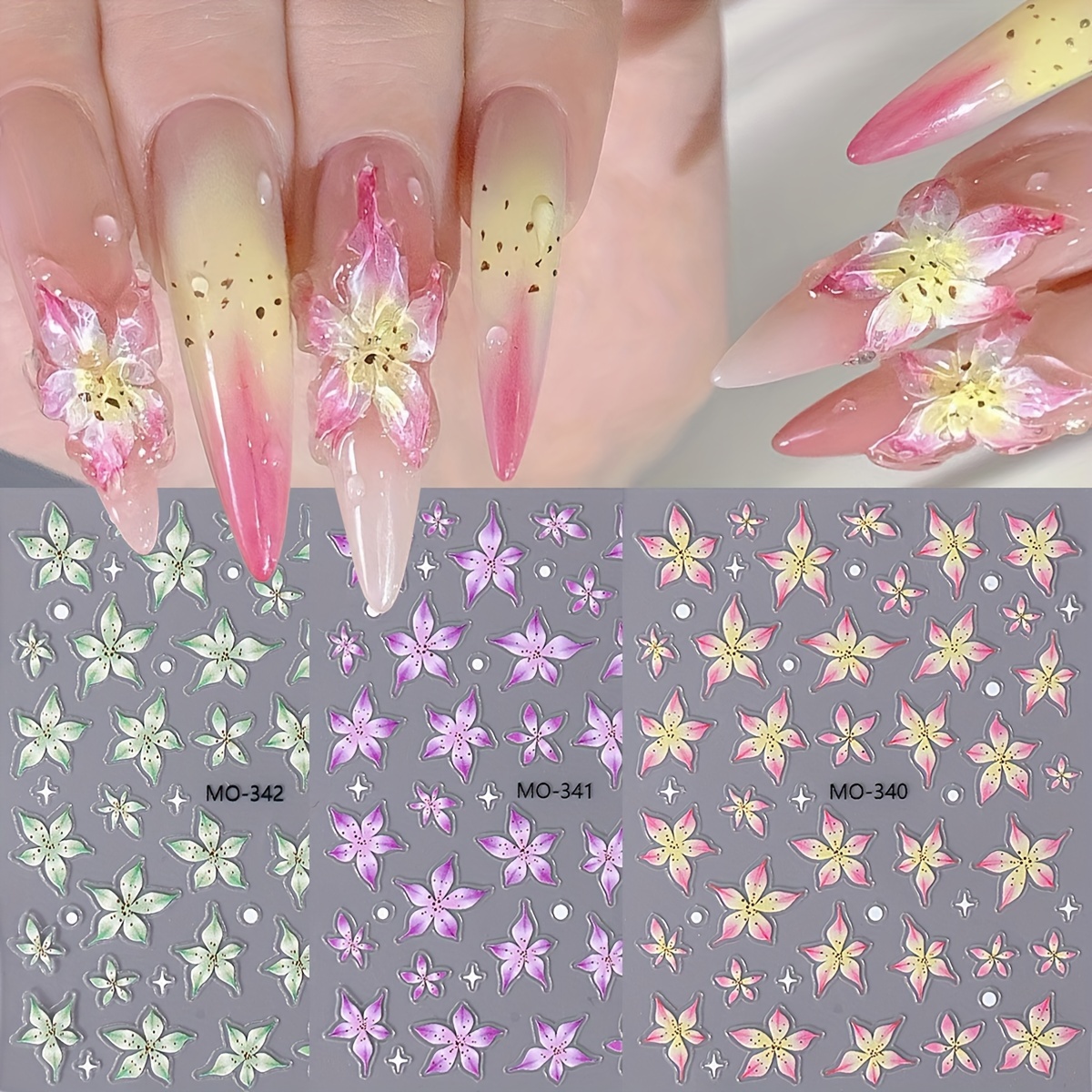 

3 Sheets Pink Lily Flower Nail Art Stickers 3d Purple Green Crystal Lily Petals Delicate Nail Decals Diy Design Charms Nail Art Decorations