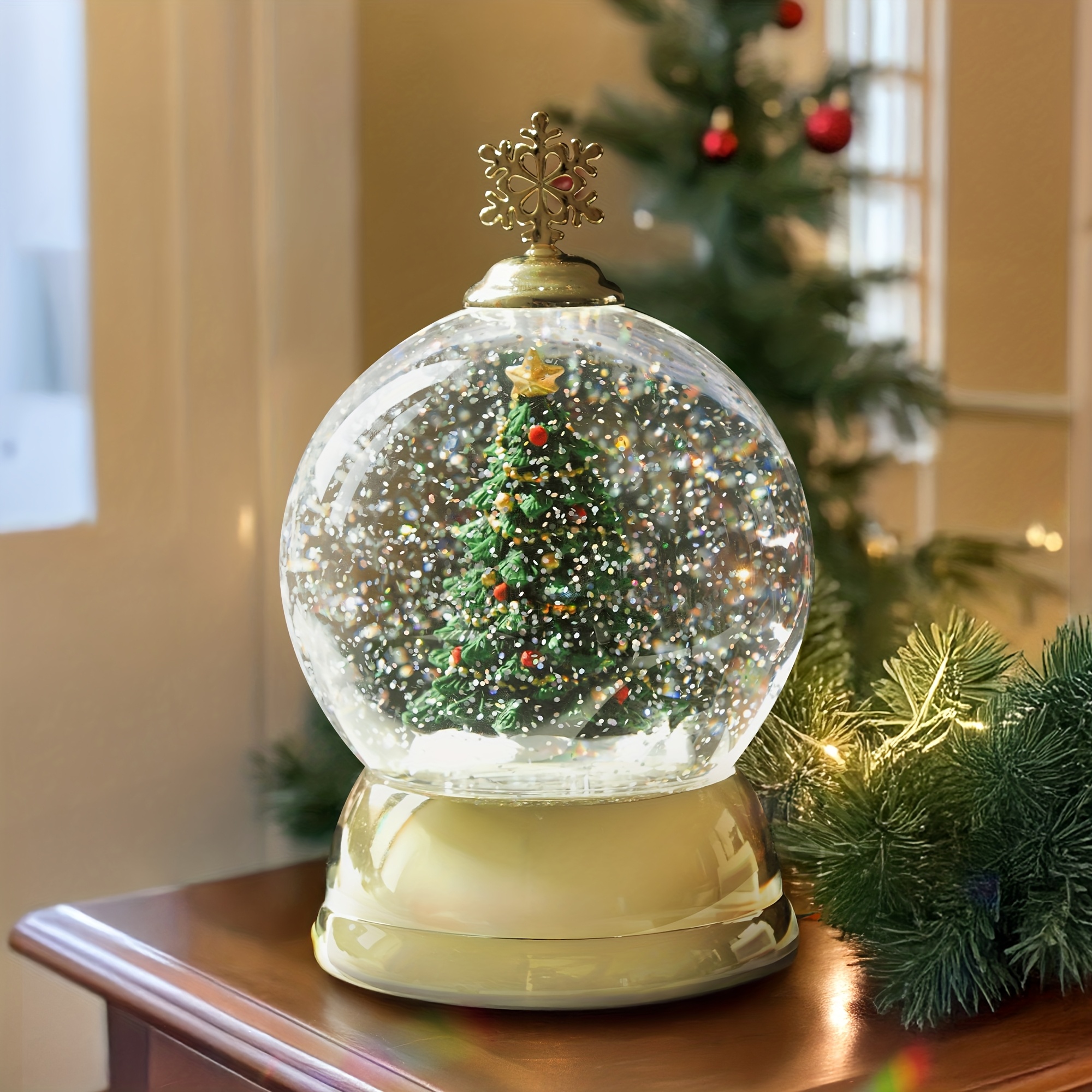 Christmas , Christmas Tree Scene Snow Globes, Glittering Water With Battery Powered For Desktop Ornament, Christmas Decoration And Gifts