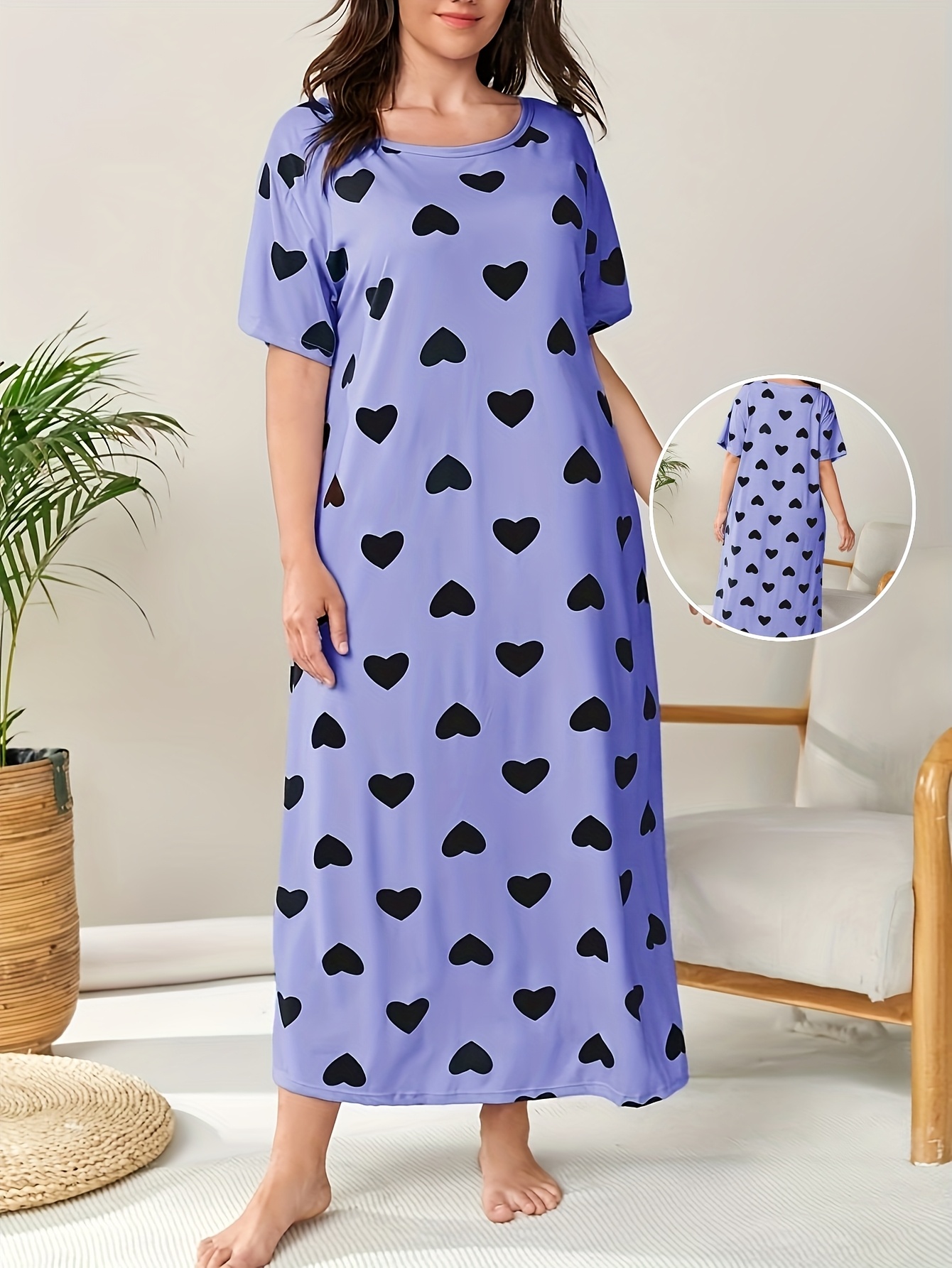 Women's Plus Casual Sleep Dress, Plus Size Heart Print Short Sleeve Crew Neck Nightdress