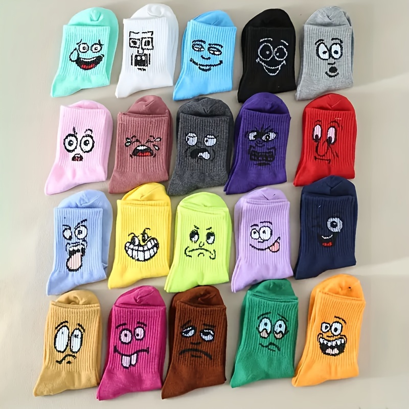 

20 Pairs Cartoon Expression Pattern Crew Socks, -colored Funny Mid Tube Socks, Women's Stockings & Hosiery