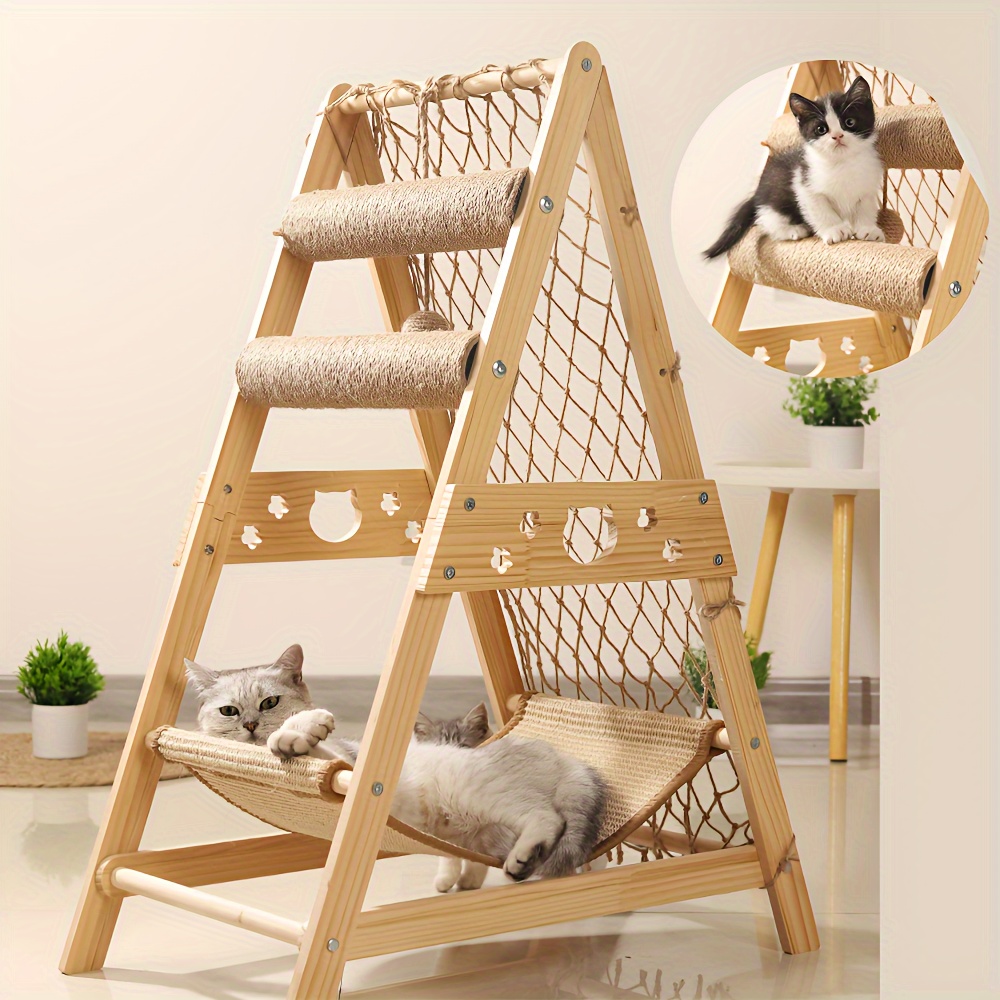 

Tour à chat en bois, arbre à chat avec 2 poteaux à gratter pour chat, filet d'escalade, jouet pour chat avec lit d'été pour chat, tour de d'intérieur pour tous