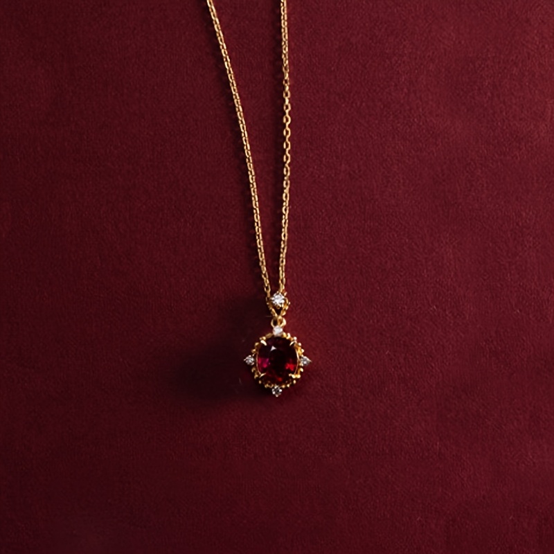 TEMU 1pc European And American 18k Gold-plated Ruby Necklace, Light Luxury Vintage Versatile Elegant Pomegranate Red Synthetic Zirconia Choker For