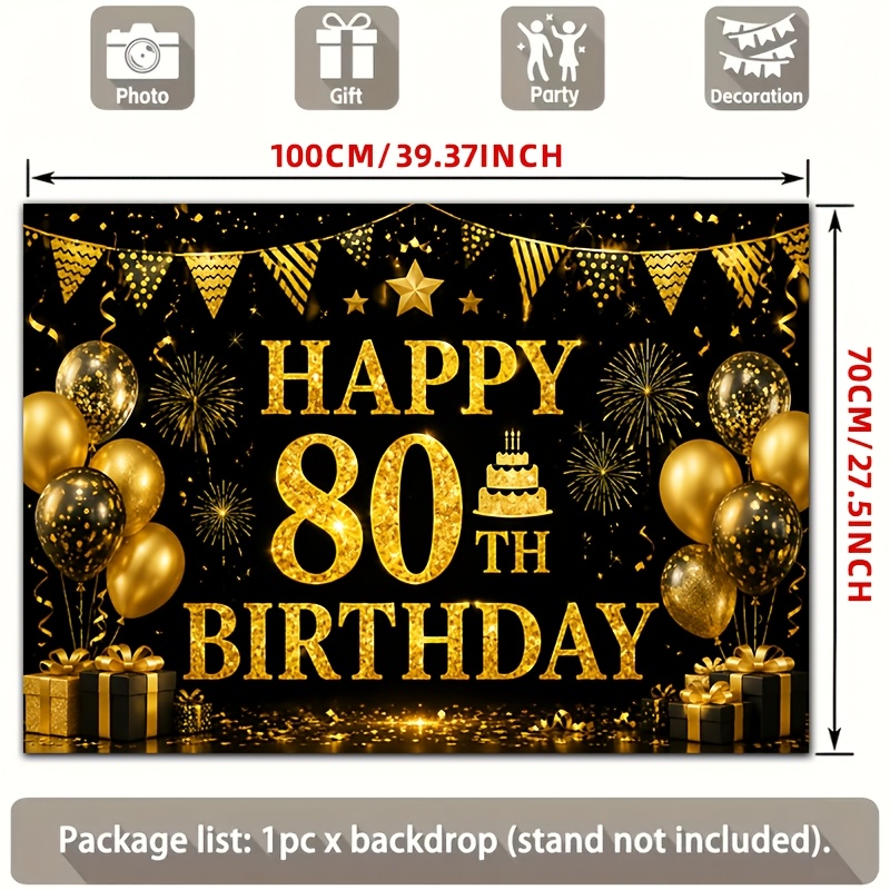 TEMU 2d Flat, 2d Flat - Happy Birthday Backdrop , 2d Flat Banner, 1pc Party Decoration, Black Golden Glitter Number Firework Gift Balloon 80th