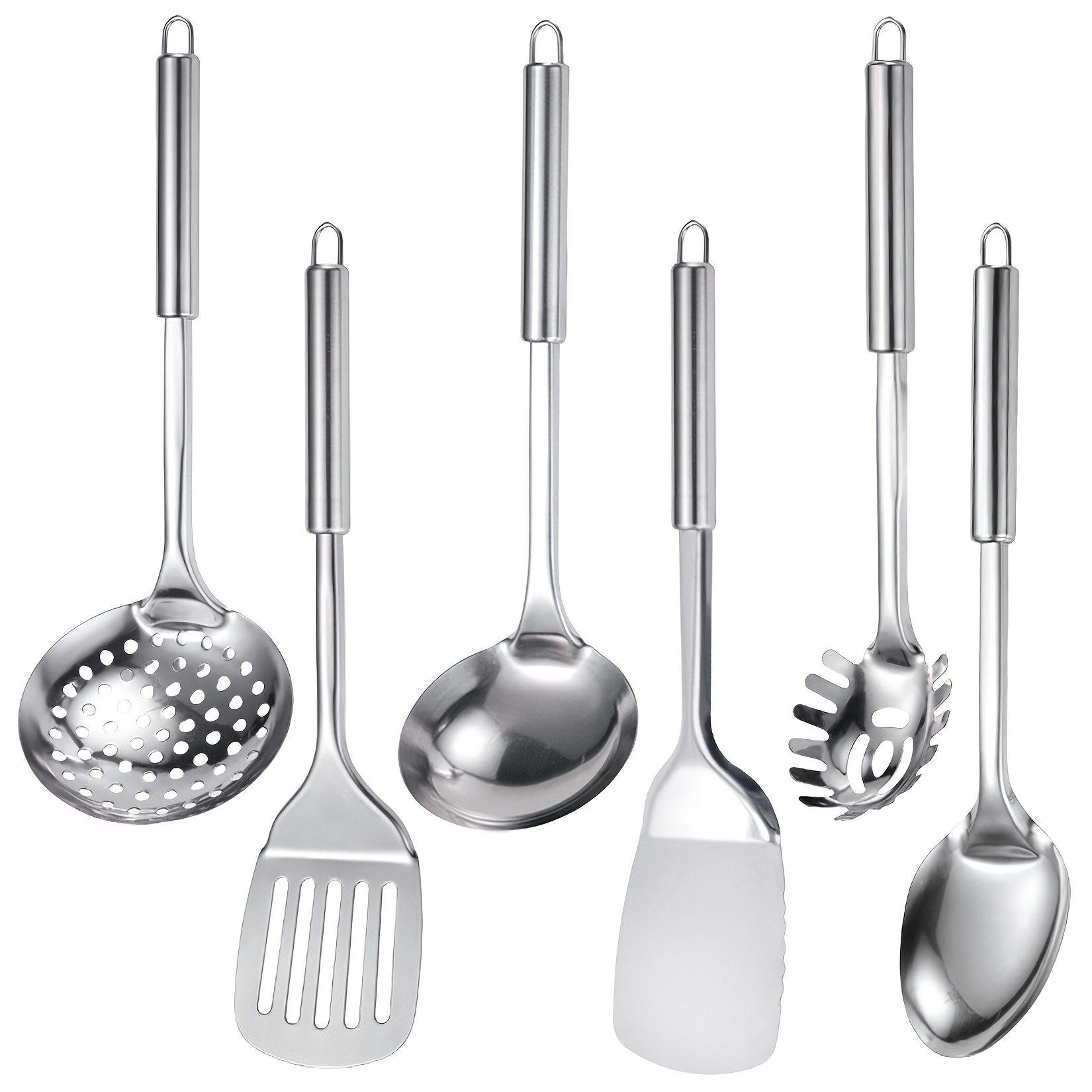 TEMU 6pcs Stainless Steel Kitchen Utensils Set, Metal Cooking Utensils Set For Cooking, Heat Resistant Spatula Set With Turners, Serving Spoon, Ladle, Skimmer, Pasta Server