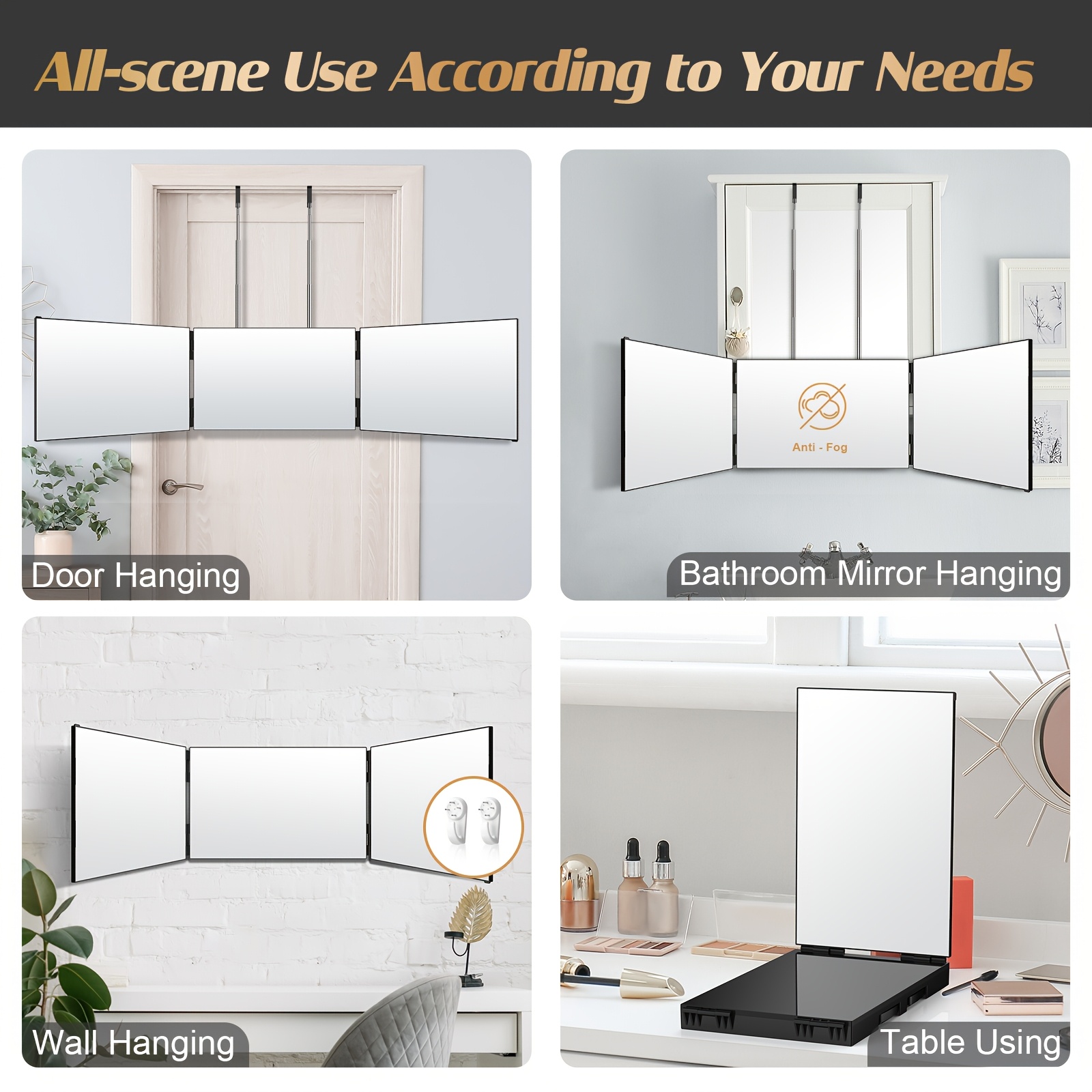Foldable 3-Panel Vanity Mirror with Suction Cups