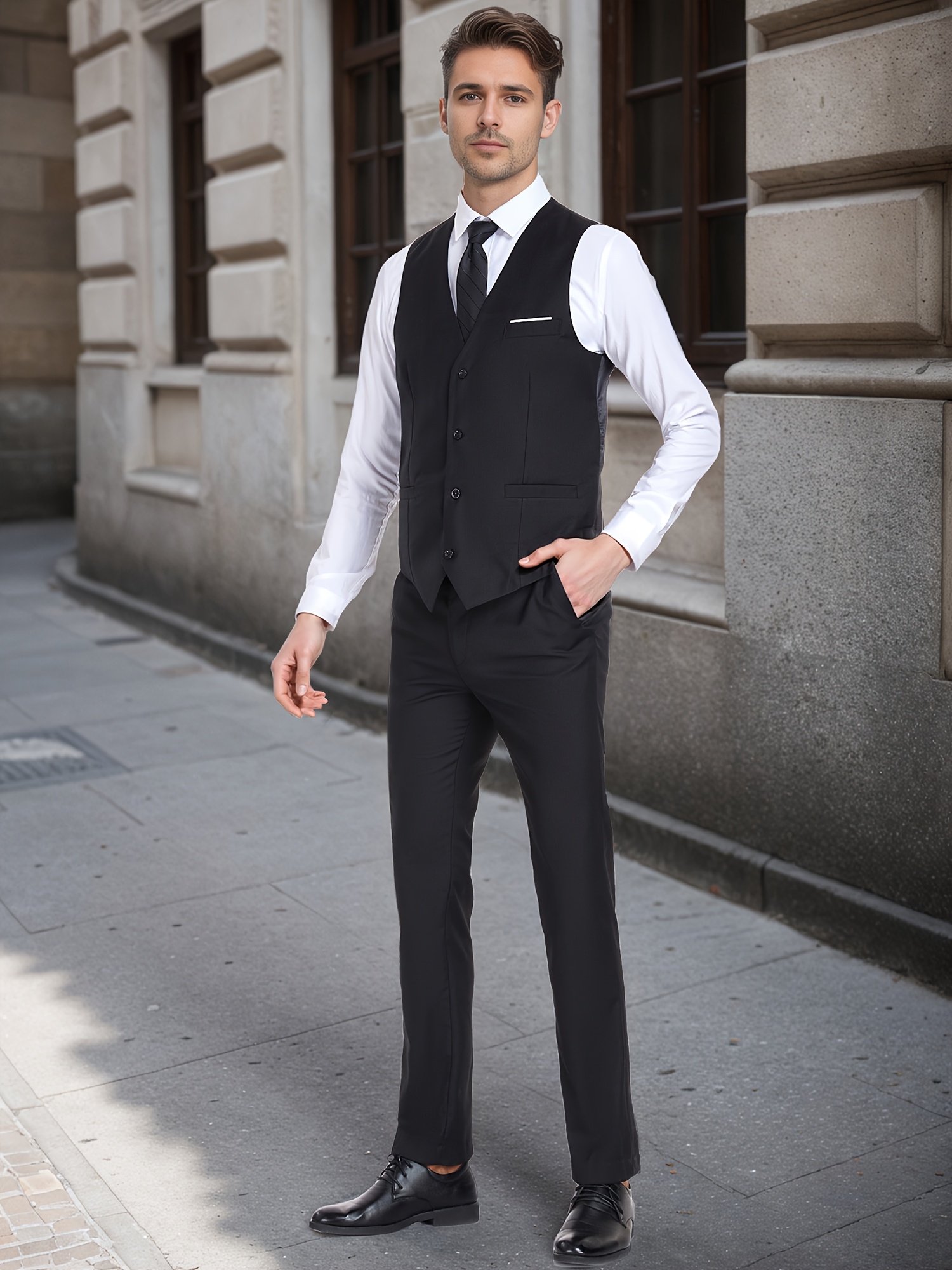 *'S Fit Two-Piece Suit Set Black Striped Vest Pants, V-Neck  Sleeveless Wear for Weddings, Business, Parties, Formal Attire|* Fit