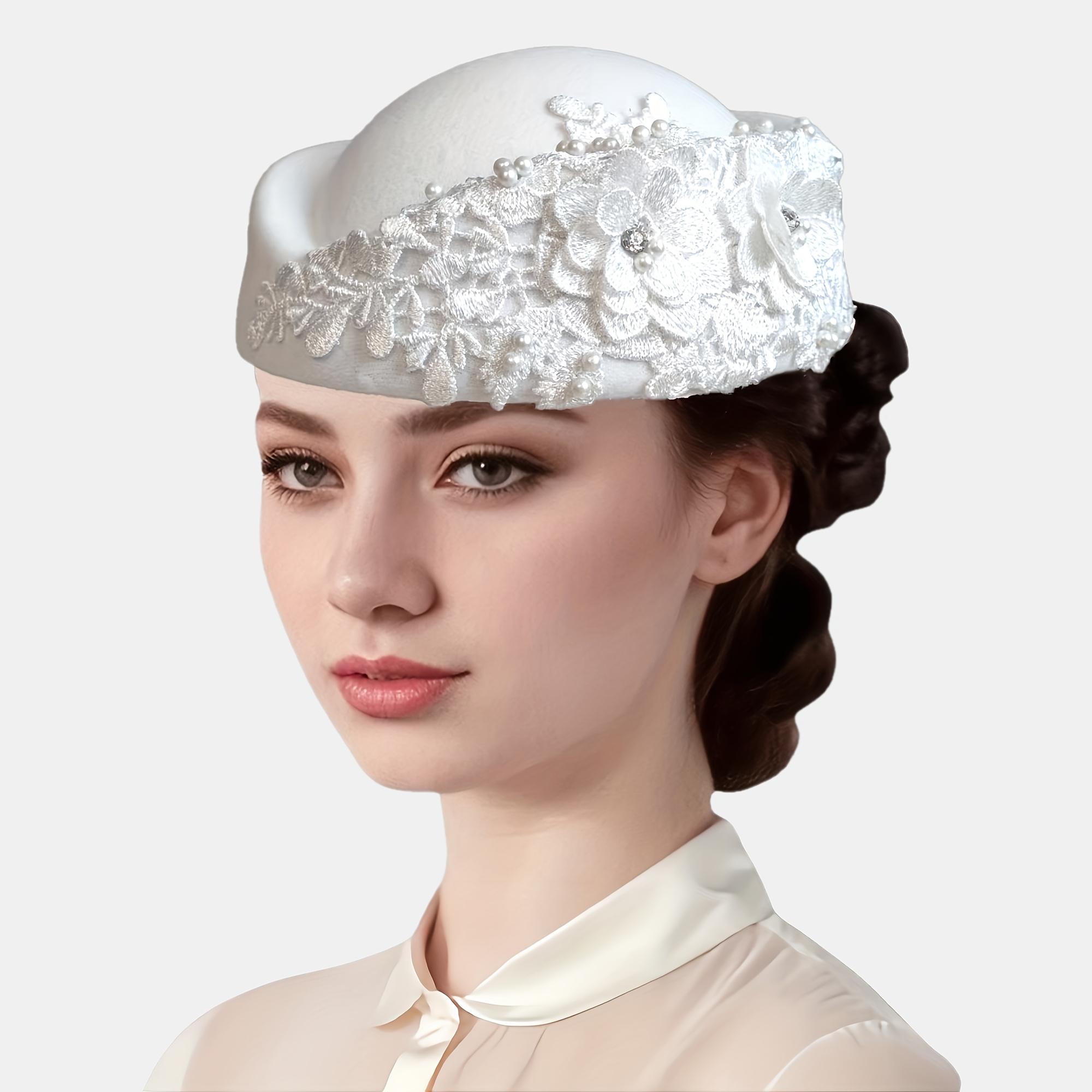 TEMU 1pc Vintage British Felt Beret Hat With Embroidered Rhinestone Patch - Lightweight Felt Suitable For Church, Parties, Weddings, Social Events,