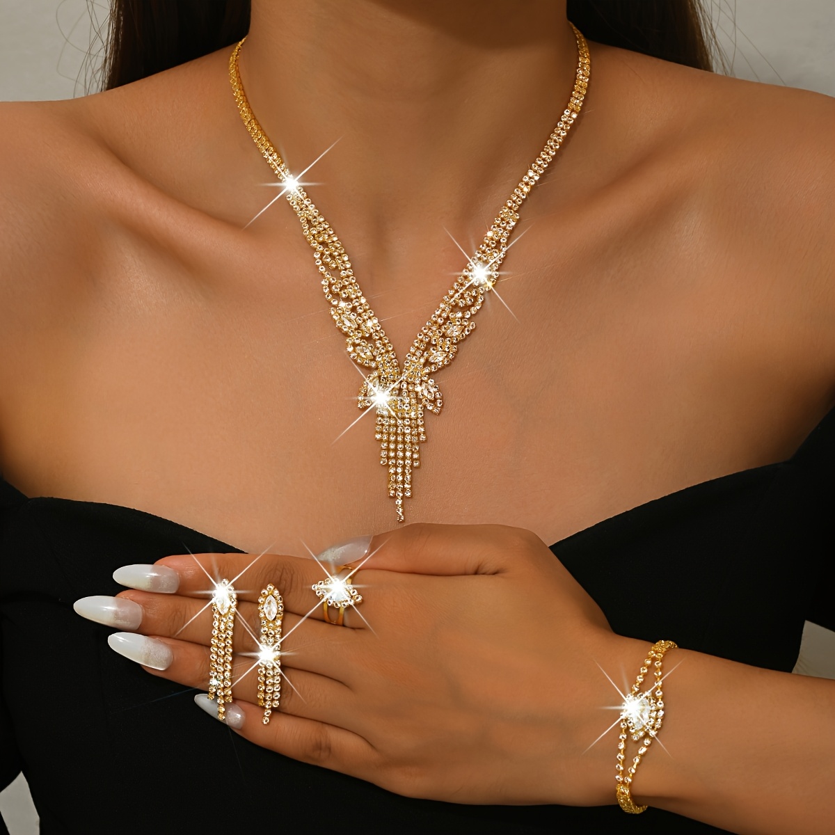 Classic Rhinestone Jewelry Set with V-Shaped Tassel Necklace