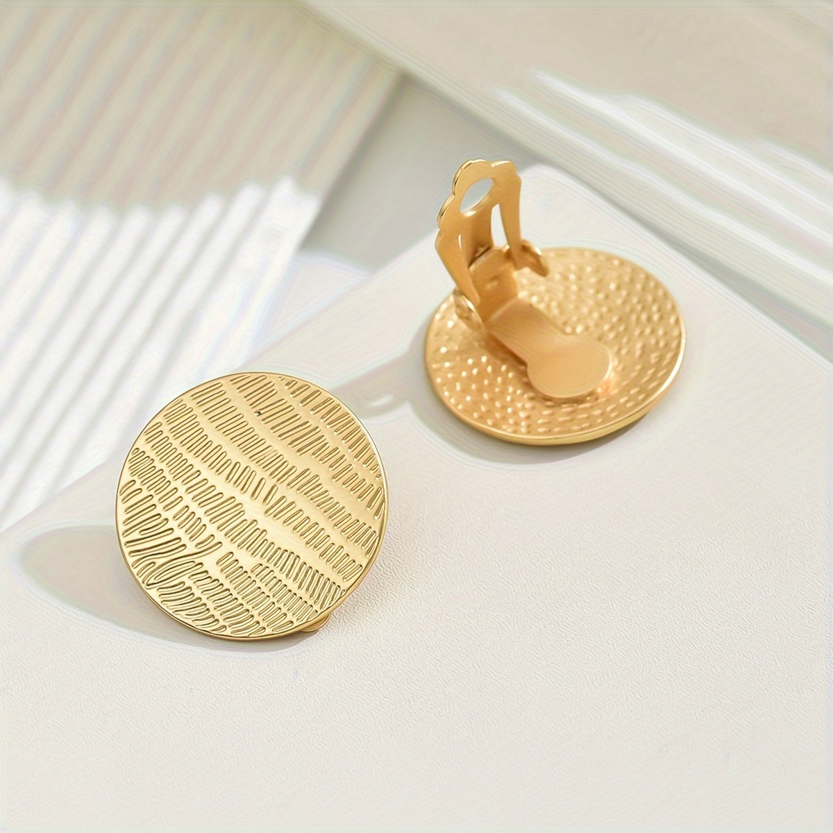 Warm Golden Ear Clips with Threaded Round Ear Studs for Women