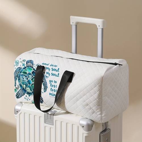 cartoon turtle pattern printed handbag grid large capacity travel luggage bag portable overnight bag fashionable travel bag yoga training bag portable crossbody bag with shoe storage