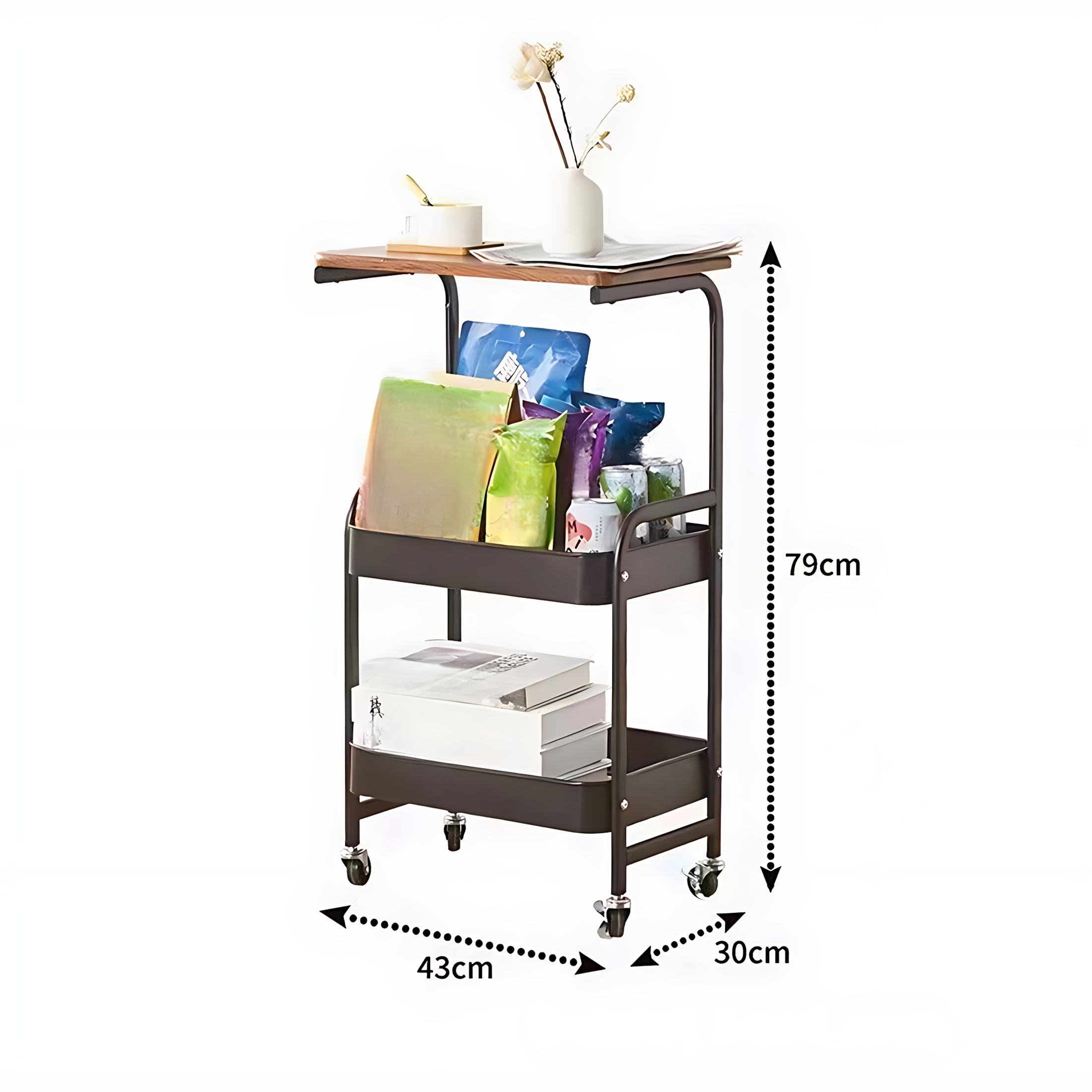 3-tier Metal Rolling Utility Cart With Walnut-textured Top On Wheels Craft Cart And Side Table For Bedside, Office, Bathroom & Craft Room Serving Trolley, Bookshelves, 4 Wheels, Utility Racks