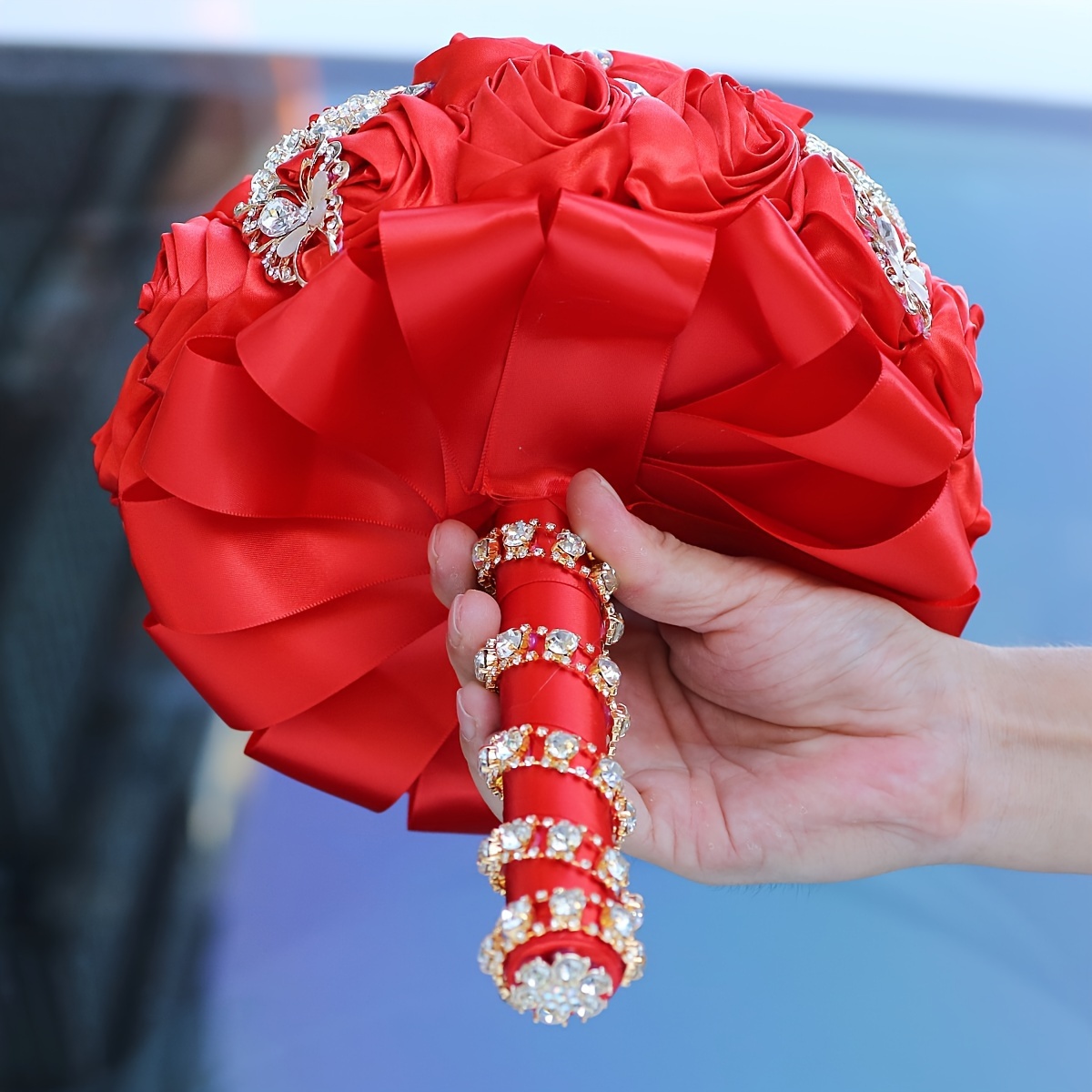   marosim uchun buket, kristal aksessuarlar bilan, to'y qo'l gullari, to'liq lentali, kelinning buketi, hashamatli marosim bezaklari, tafsilotlar 20