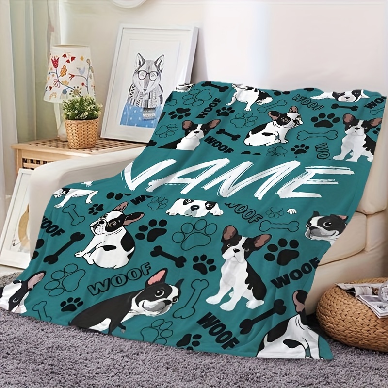 TEMU Contemporary Hypoallergenic Boston Terrier Flannel Blanket - Customizable Name, Animal Theme, Multipurpose, , Only, Polyester Bedding - Ideal Gift For Dog Lovers