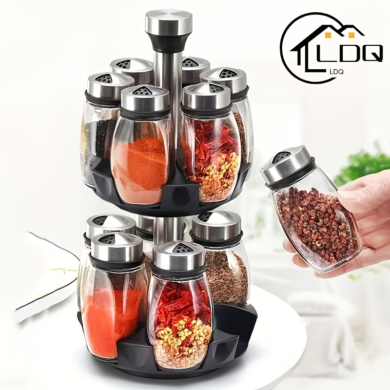 

360° Rotating Shelf Tower Set For Storing Spices With Single And Double Layer Racks, Includes 6/12 Glass Containers For Kitchen Countertop Use