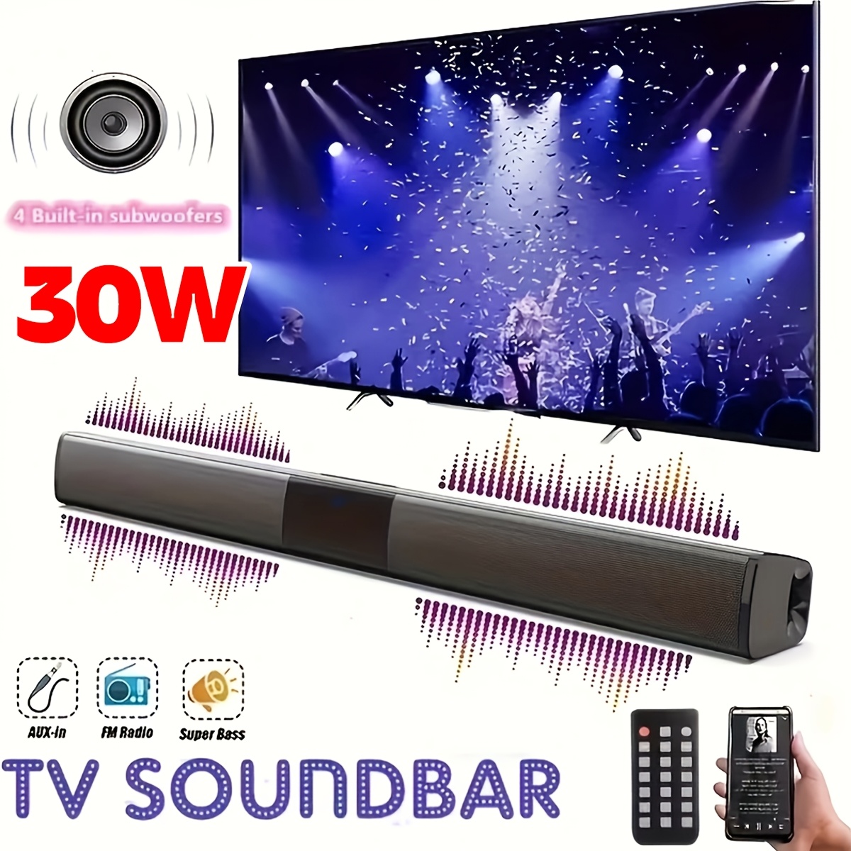 TEMU 30w 2-in-1 With Built-in Subwoofers And Stereo Speakers, Home Theater System Suitable For Tv, Pc, Smartphone, Tablet, Usb Charging, Control,