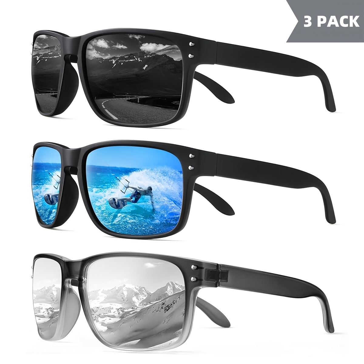 TEMU A Set Of 3 Pairs Of Men's Polarized Sunglasses With Classic Lightweight Pc Frames, Colorful Lenses, Fashionable And Versatile For Sports, Golf,