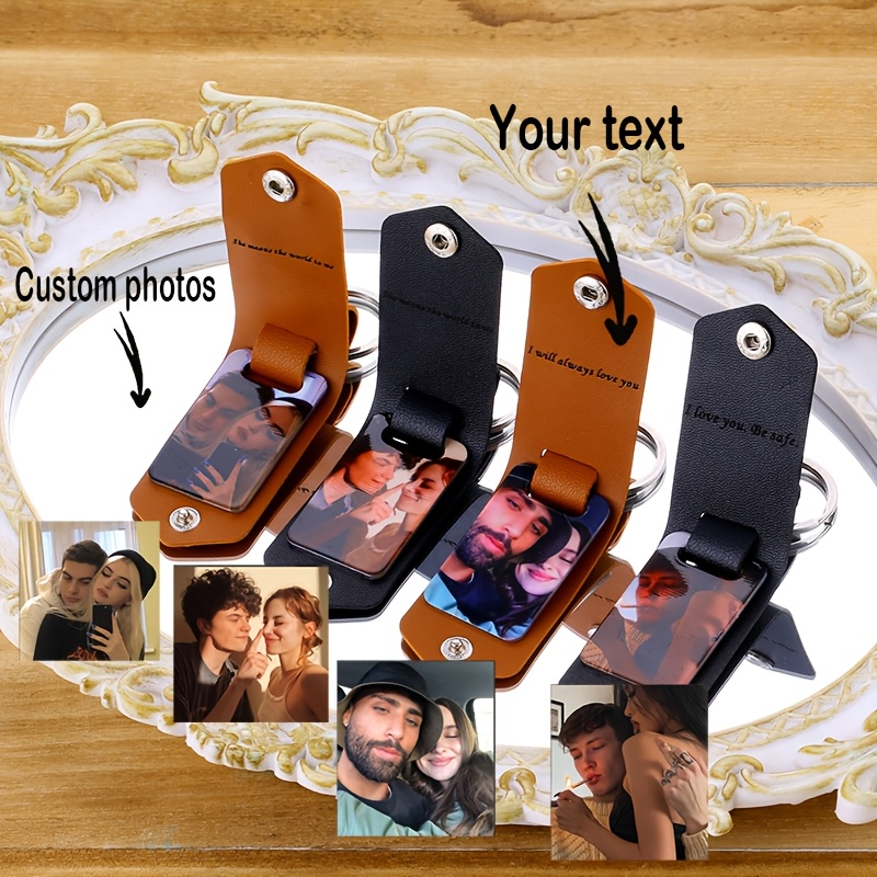 

Custom Photo Text Keychain Personalized Men's Leather Keychain Engraved Picture Text Cycling Keychain Couple Jewelry Perfect Giftfor New Dad Christmas Gifts For Family/friends/lover