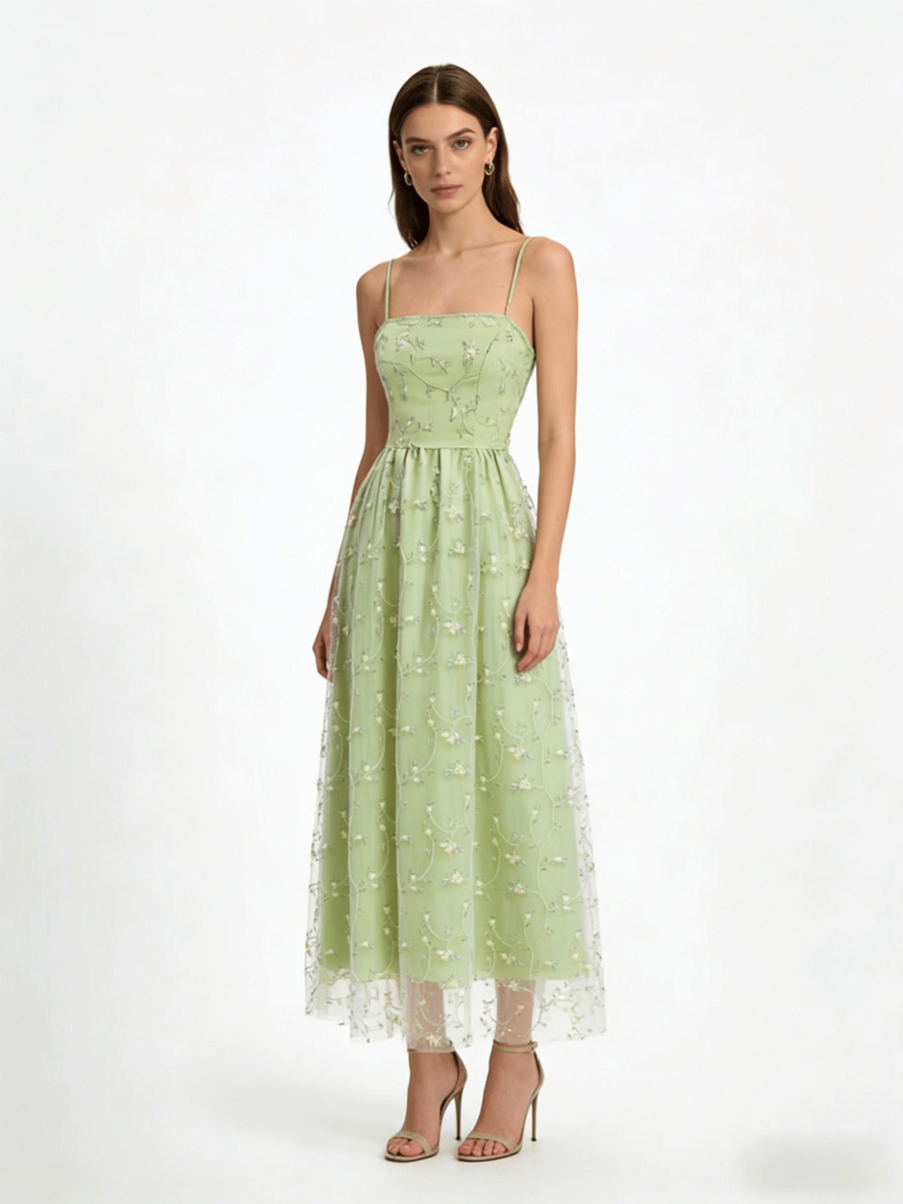 strapless open back dress Pastel Green Floral Embellished Work Georgette Long Dress With Dupatta main image 1