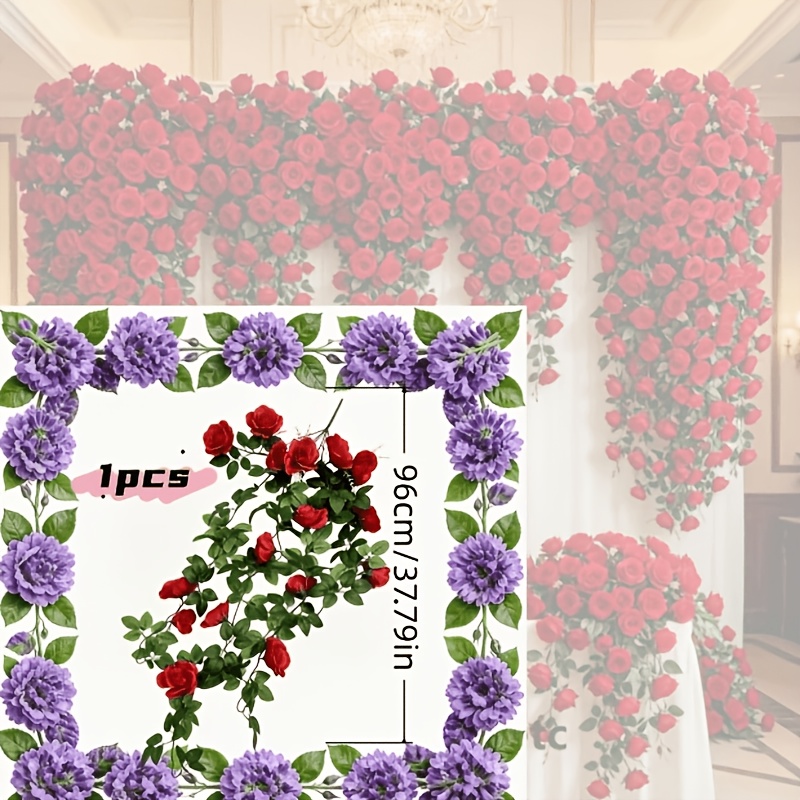 TEMU 37.79 Inches Of A Large Red Rose Vine, Lifelike Red Roses And Green Leaves Theme, Perfect For Valentine's Day, , Wedding Floral Decorations,