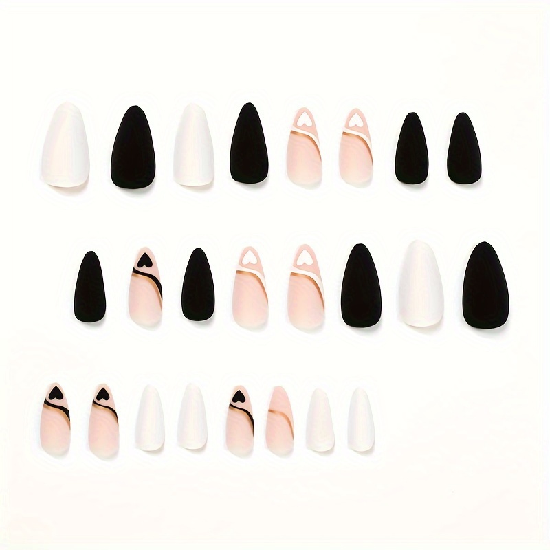 24pcs medium almond fake nails matte black white and nude false nails with black and white love pattern golden stripe design sweet press on nails 1pc nail file and 1sheet jelly tabs included details 1