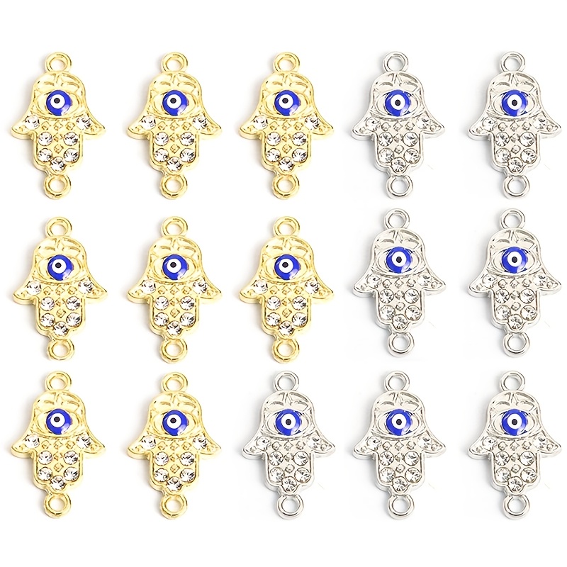 Image of 15pcs Turkish Style Rhinestones Lnlaid Hand&blue Evil Eye Enamel Connectors Fatima Symbol Men Women Amulet Additions Jewelry Bracelet Necklace Drip Oil Alloy Double Hanging Pendants