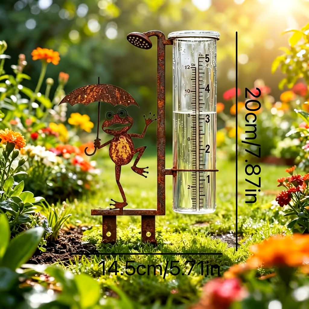 【2d Flat】 [2d Flat] 1pc Rusty Frog Outdoor Rain Gauge, Retro Wrought Iron Garden Stake, With Easy-to-read Digital Measuring Cup, Combining Decoration And Practical Function