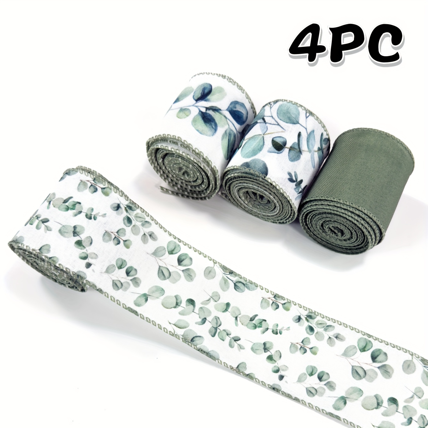 Image of 4 Roll, Green Eucalyptus Wired Edge Ribbon, 2.5inch, Eucalyptus Leaves Craft Ribbon For Spring Baby Shower, Wedding, Gift Wrapping, Wreath Bow Crafts