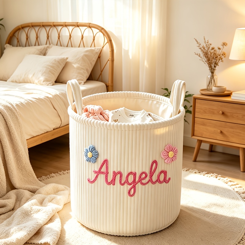 Personalized Name Corduroy Storage Basket with Carry Handle, Large Capacity