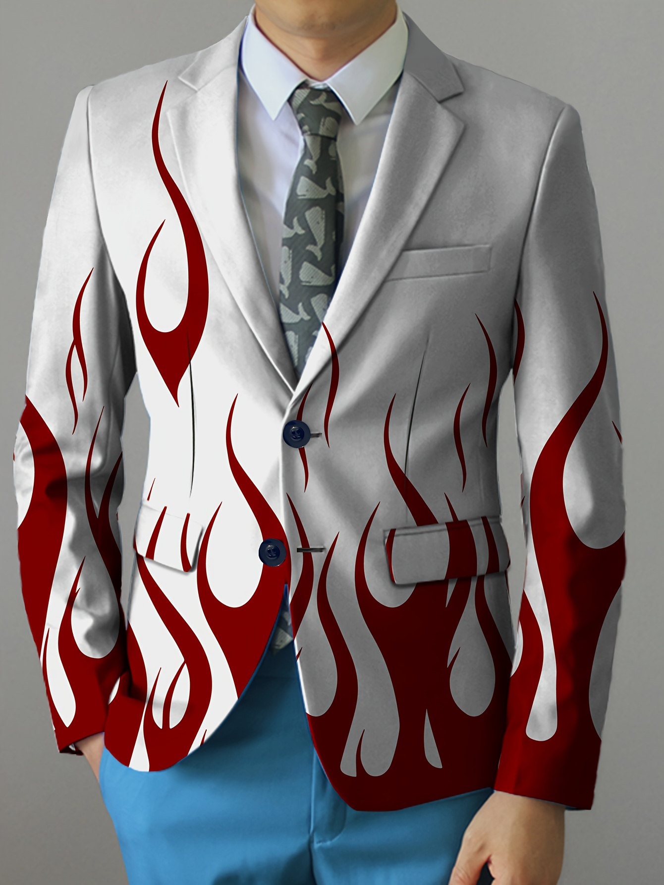 mens flame print suit jacket elegant collar button front Temu