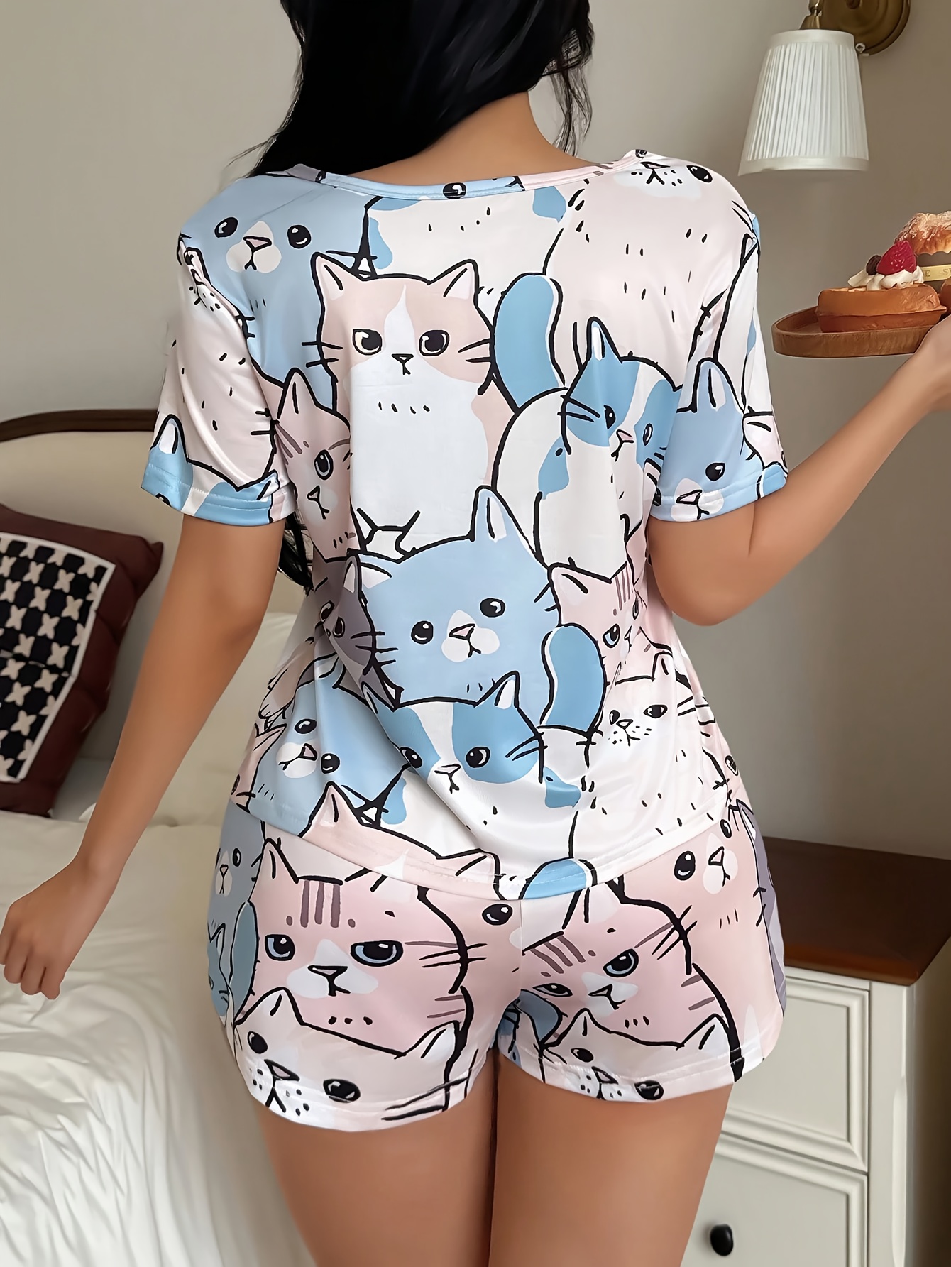 Women's 2pcs Pajama Set, Casual and Cute Cat-Themed Pajama Set, Soft Loose-Fit Top with Elastic-Waist Wooden Shorts, Machine Washable and Dry Cleanable, the Perfect Pajama Choice, Elegant Set for Festive Elegant Women's Wear
