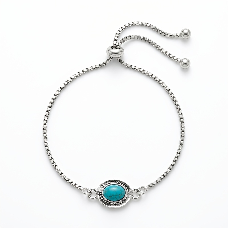 TEMU 1 Bracelet Rétro Bohème Ovale Turquoise Facile Polyvalent Réglable Turquoise Argenté Ancien Style Éthnique Occidental Resort Modèle Polyvalent