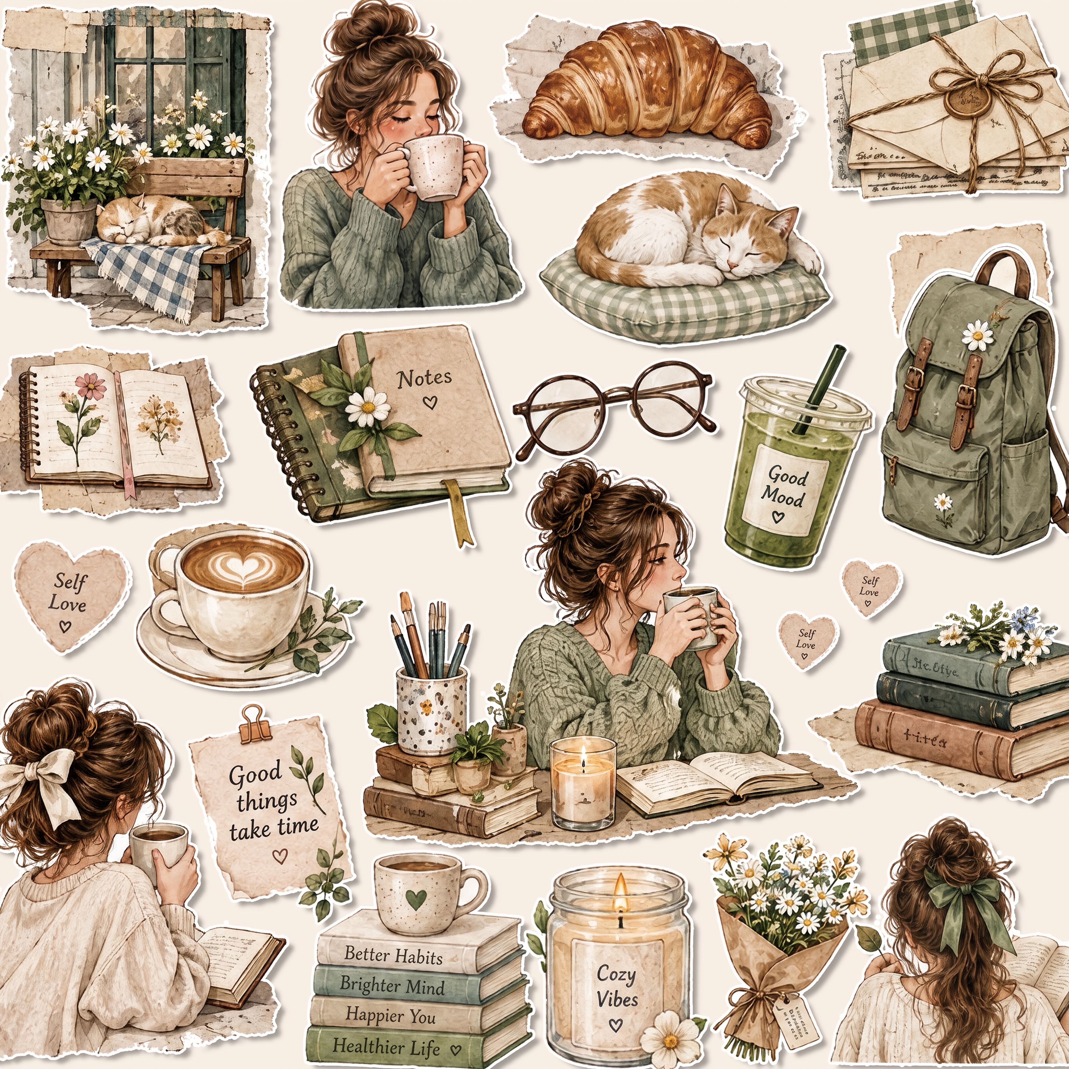 TEMU 1 Set, Vintage Green Reading & Leisure Themed Stickers, Planner Stickers, Office Stickers, Friendship & Love Gift Stickers, Packaging Stickers,