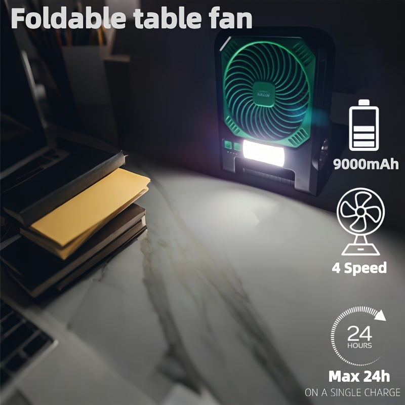 Portable Solar Fan with LED Night Light & Flashlight - USB Rechargeable