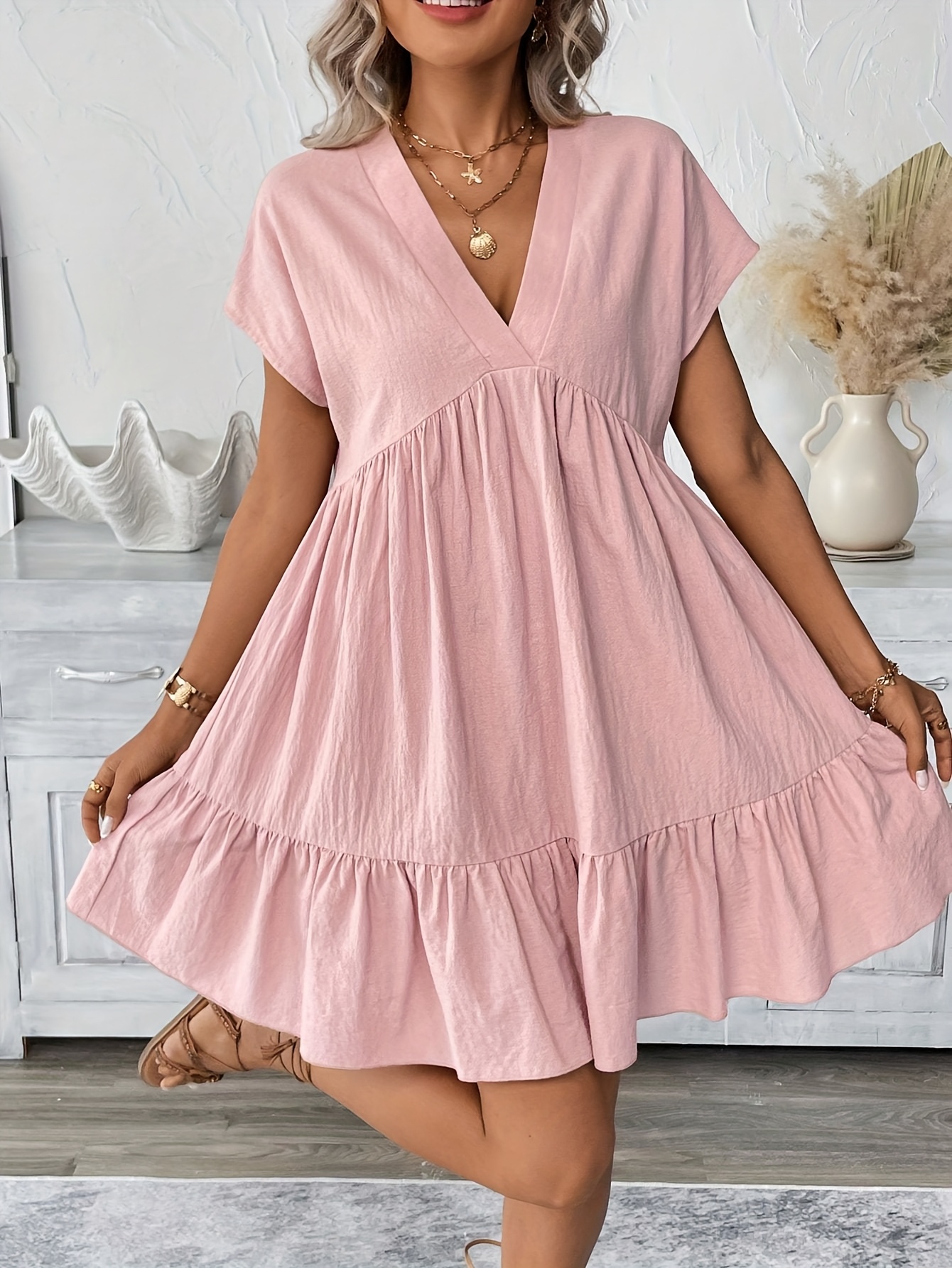 Pale Pink V Neck Ruffle Sleeve Dress Women's Casual V Neck Ruffle Hem Dress  Solid Color Short Temu Sweden