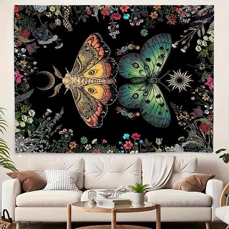 

Bohemian Butterfly & Moth Tapestry With Moonlight Garden Floral Pattern - Indoor Polyester Wall Hanging For Living Room Decor - Knit Fabric Tapestry With Free Installation Package