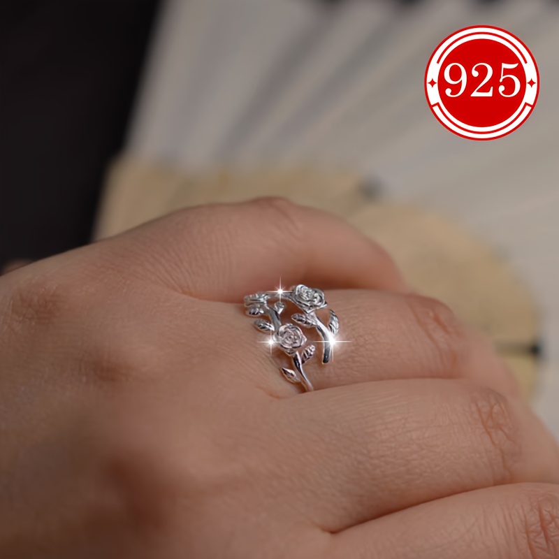 925 Silver Adjustable Rose Flower Open Ring for Women