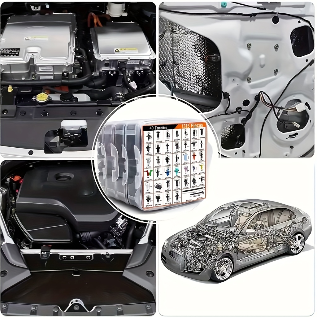 изображение предмета набор универсальных автомобильных защелок, состоящий из 1315 штук из 1370, в коробке, включающий 40 различных типов кронштейнов для крепления дверных панелей, капотов, брызговиков и бамперов