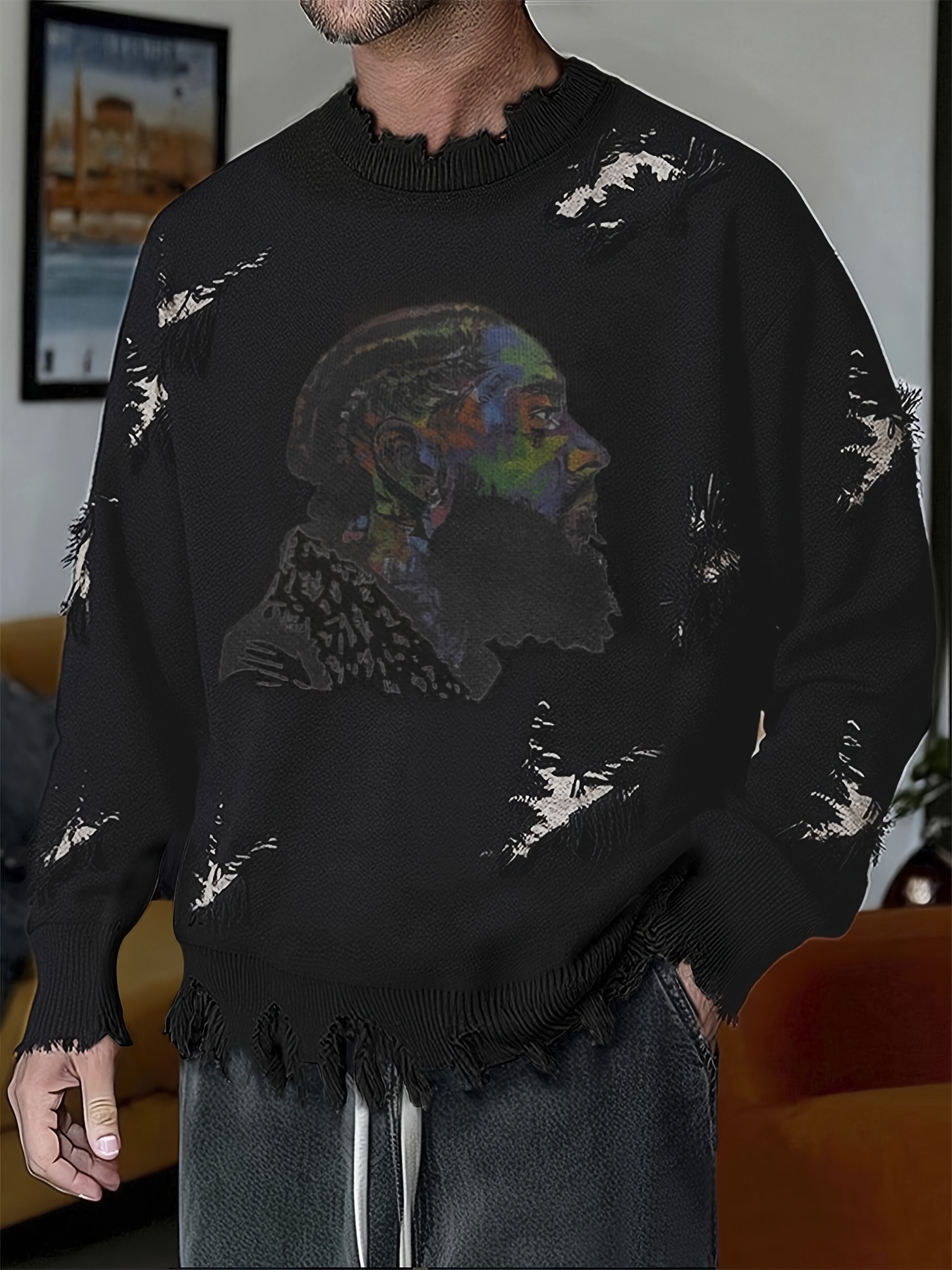Men'S Casual Crew Neck Knit Sweater with Artistic Graffiti Portrait | Loose Fit, Ripped Details, Long Sleeve, Comfortable Texture for Fall/Winter - Image 3